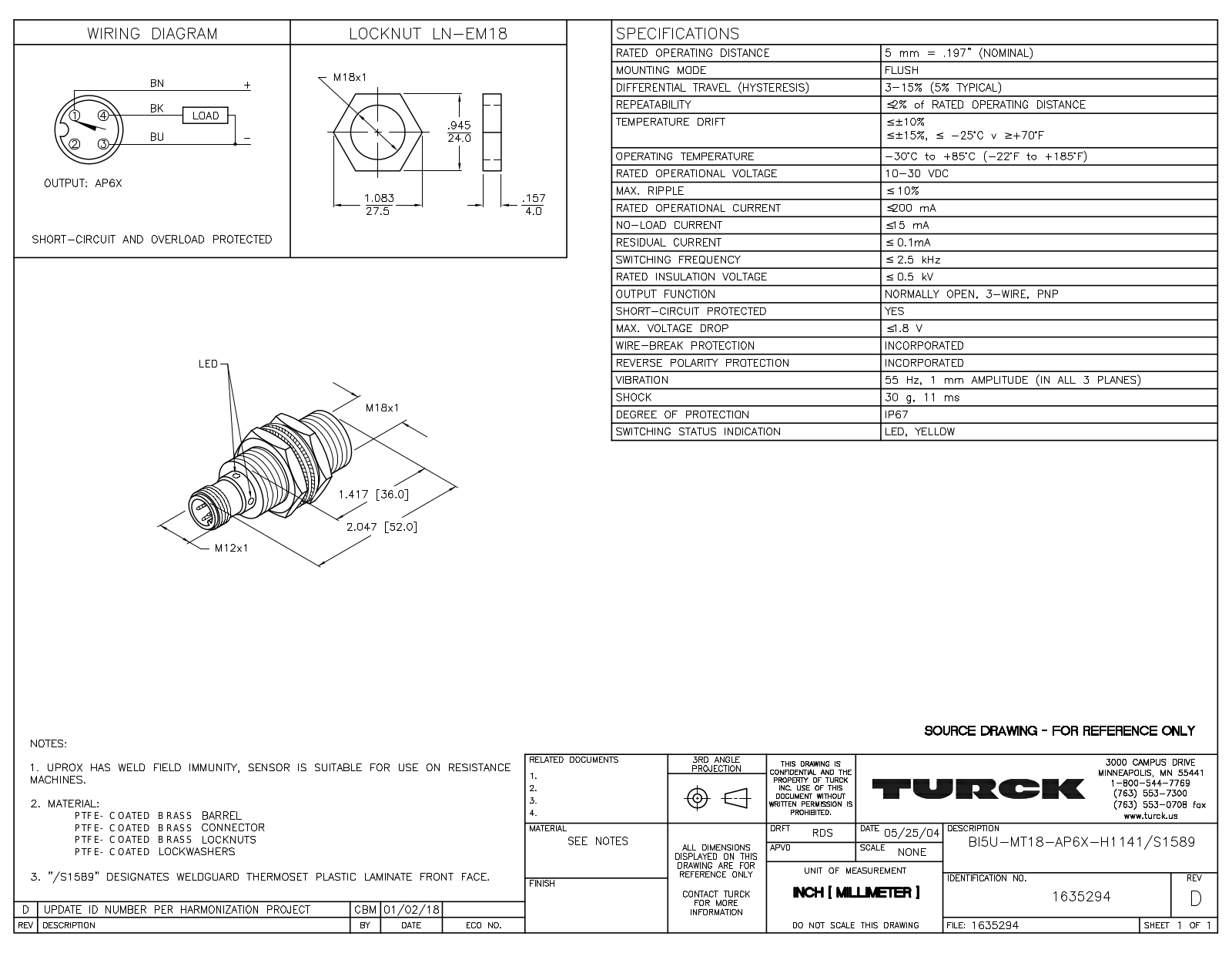 Turck BI5U-MT18-AP6X-H1141S1589 Data Sheet