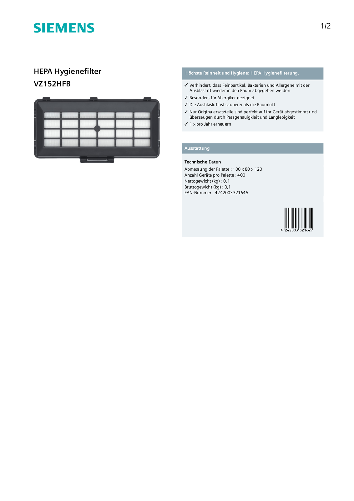 Siemens VZ152HFB User Manual