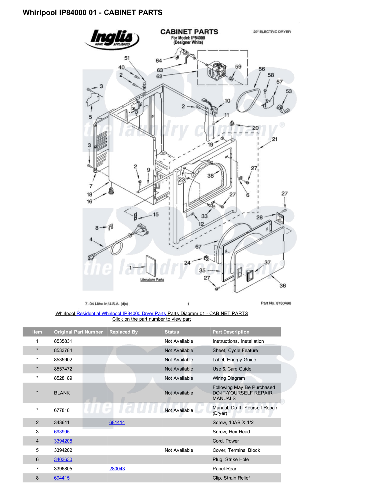 Whirlpool IP84000 Parts Diagram