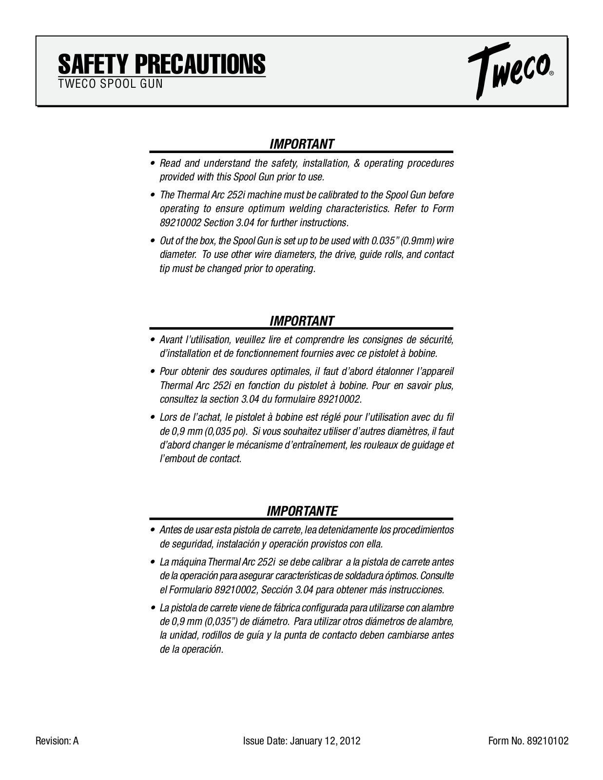 Tweco Tweco Spool Gun Instruction manual