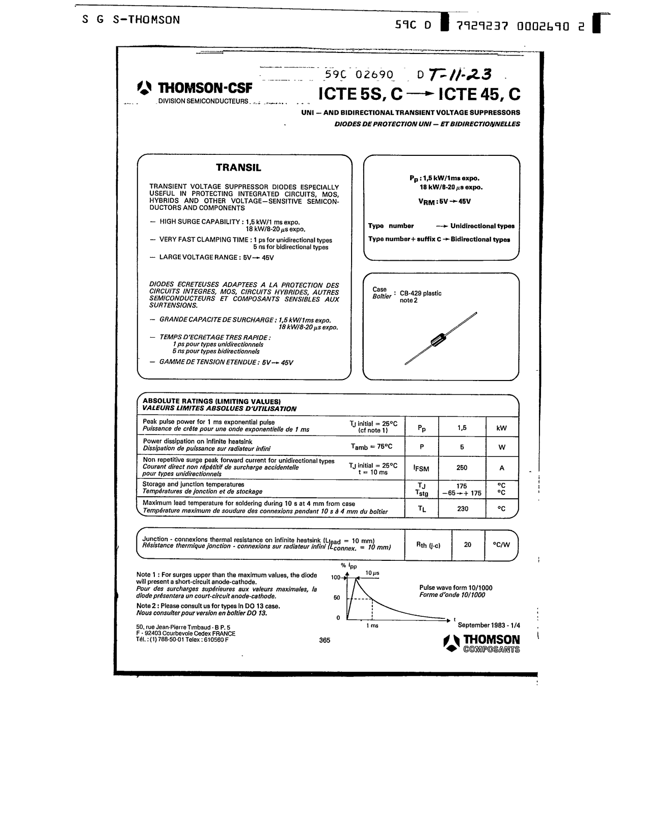 SGS Thomson Microelectronics ICTE10, ICTE10C, ICTE12, ICTE12C, ICTE15 Datasheet