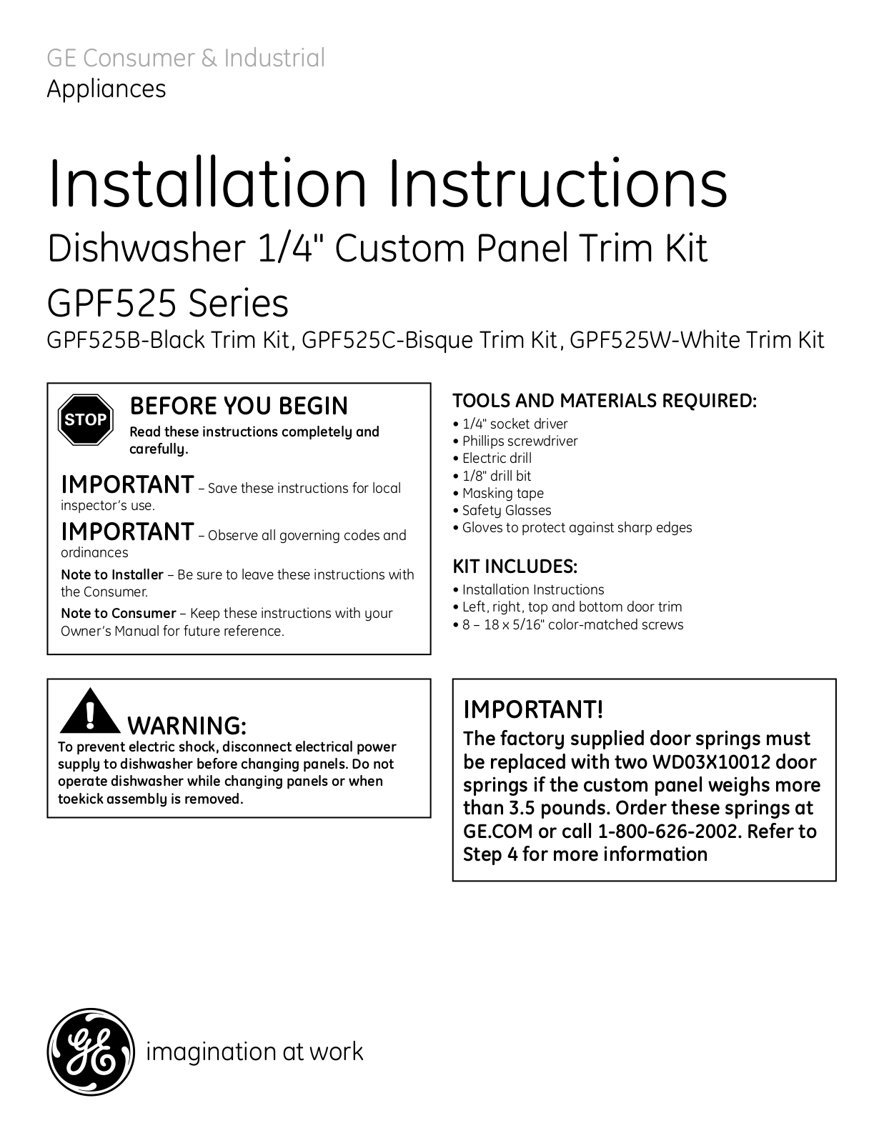 GE GPF525 Series Installation Instructions