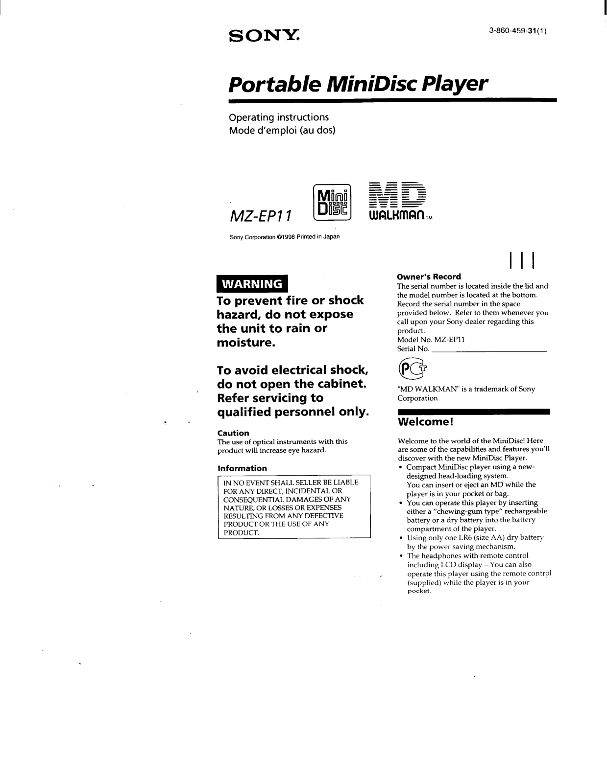 Sony MZ-EP11 Operating Manual