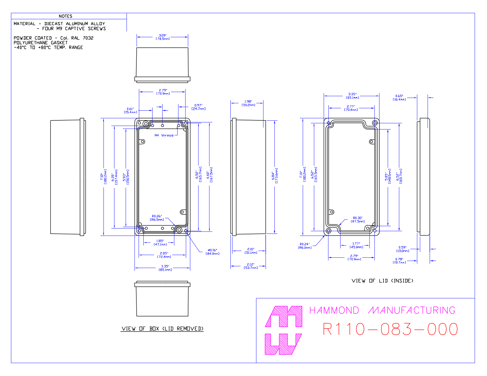 Hammond Manufacturing R110-083-000 technical drawings