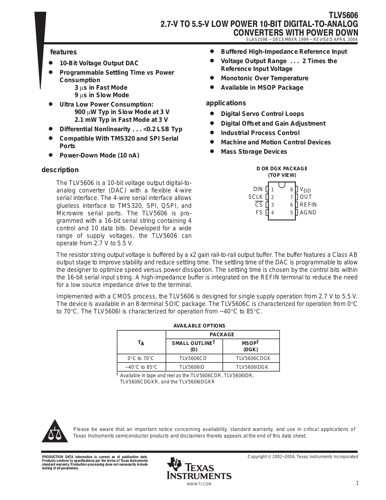 TEXAS INSTRUMENTS TLV2606 Technical data