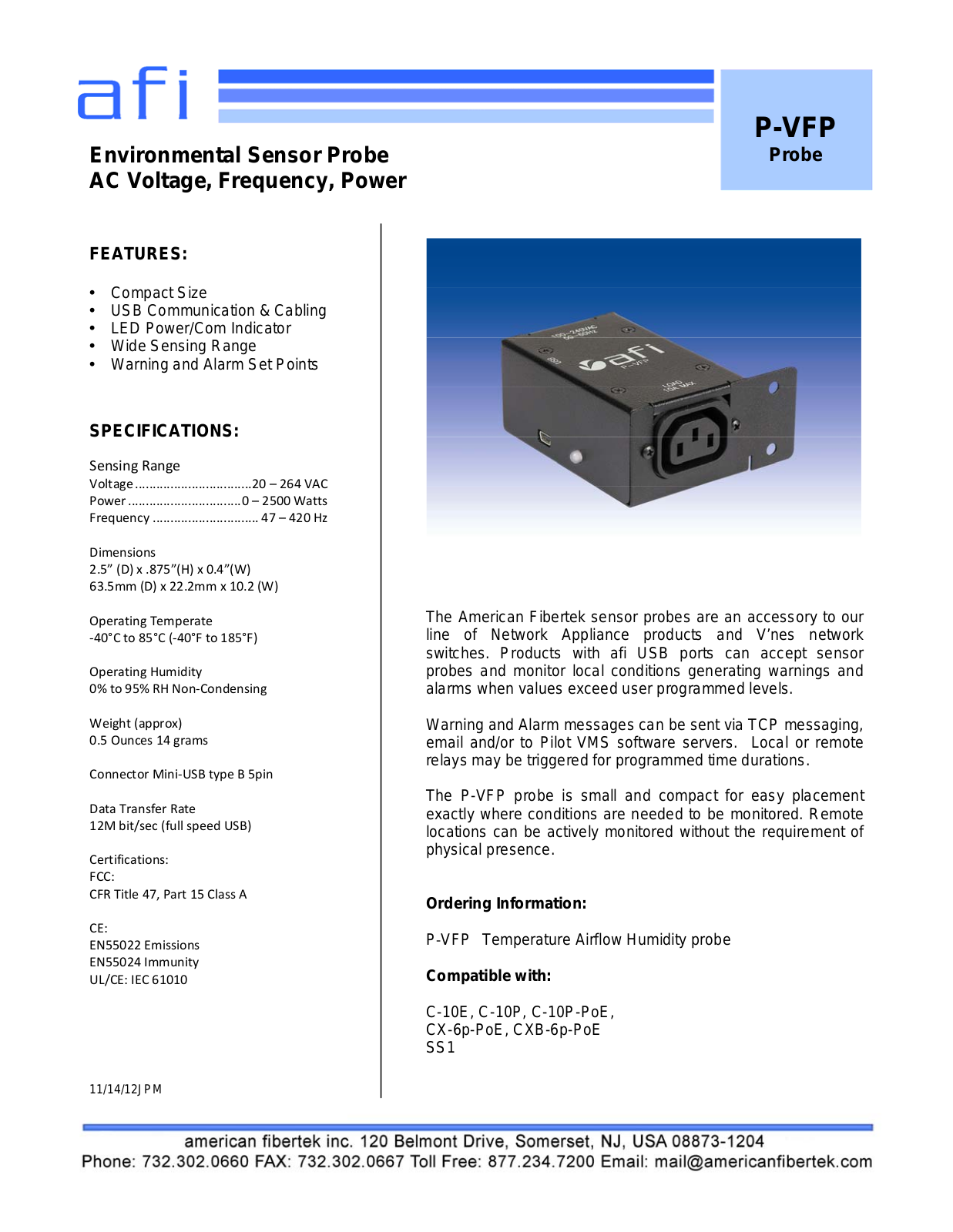 American Fibertek P-VFP Specsheet