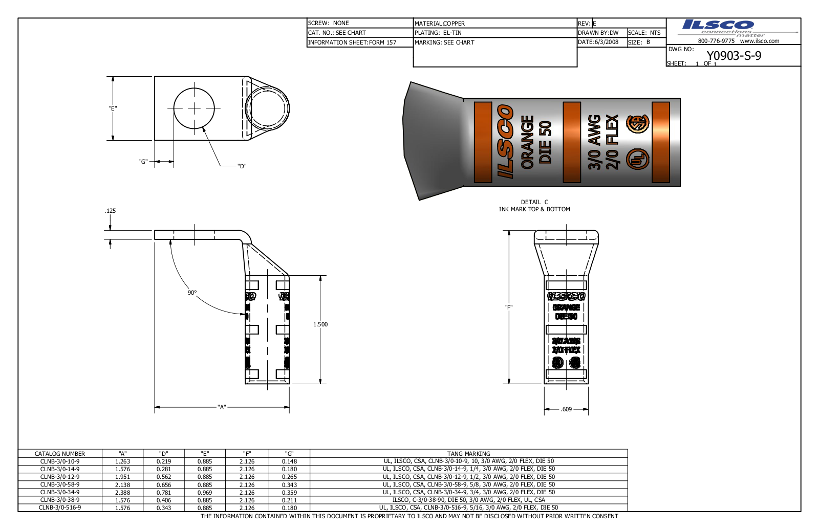 Ilsco CLNB-3/0-38-9 Data sheet