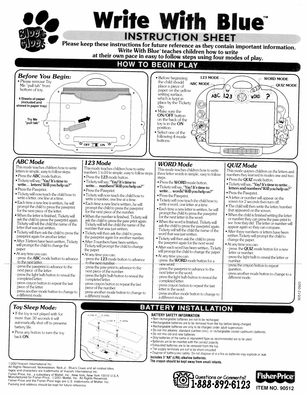 Fisher-Price 90512 Instruction Sheet