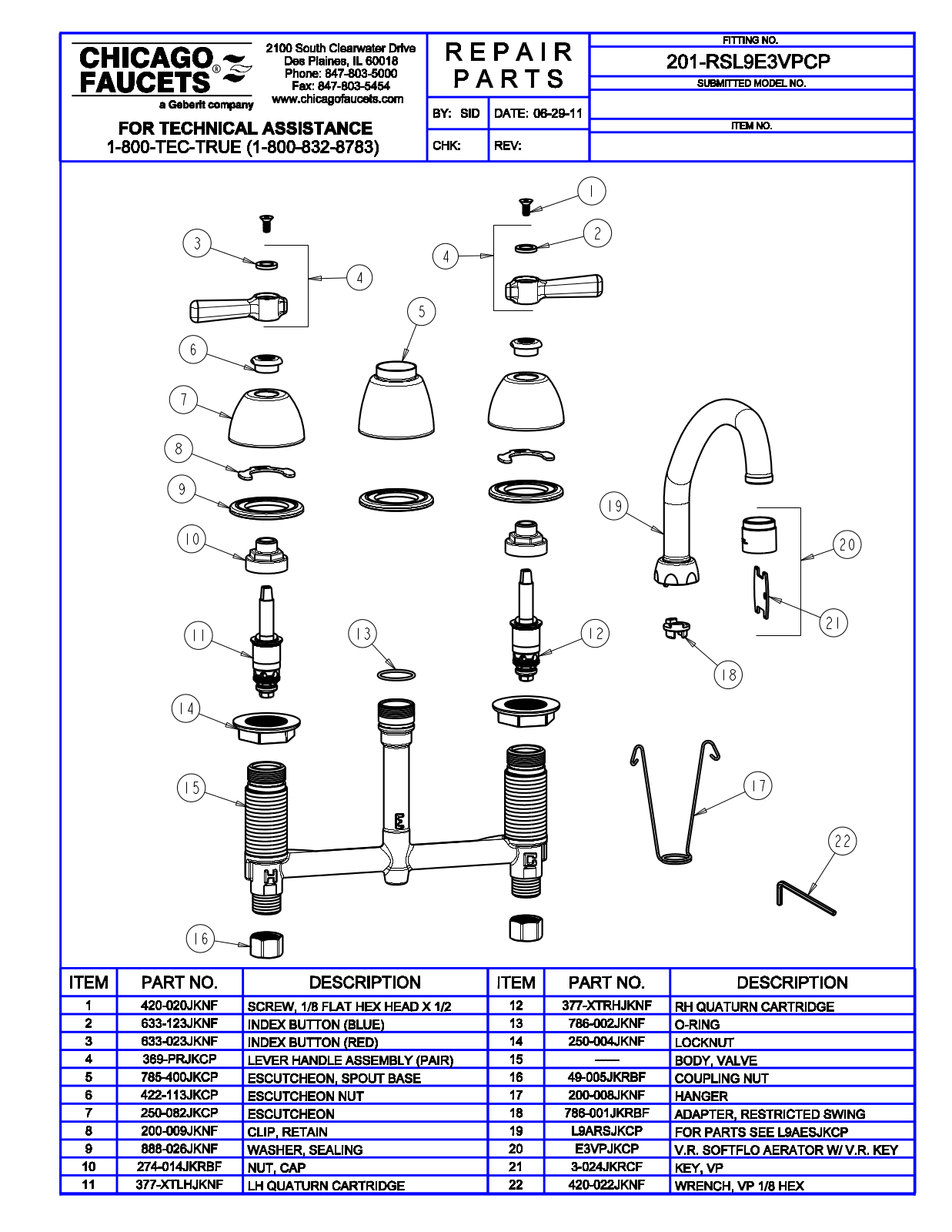 Chicago Faucet 201-RSL9E3VPCP Parts List