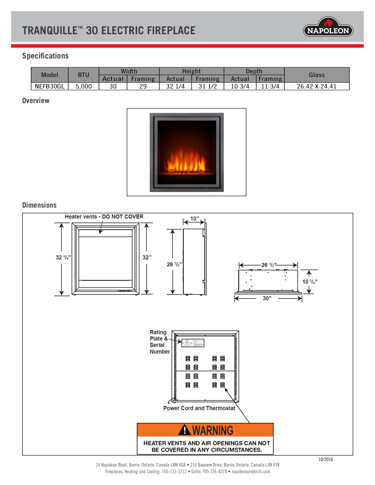 Napoleon NEFB30GL Specifications