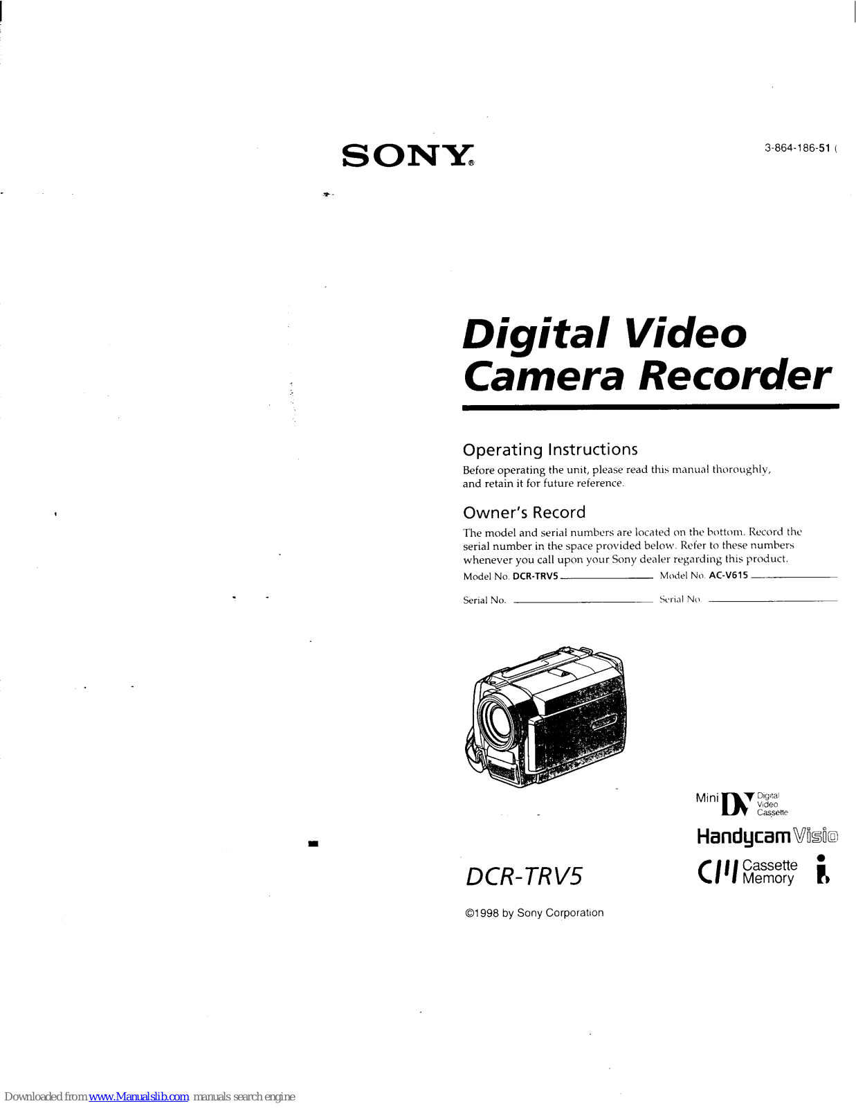 Sony Handycam Vision DCR-TRV5 Operating Instructions Manual