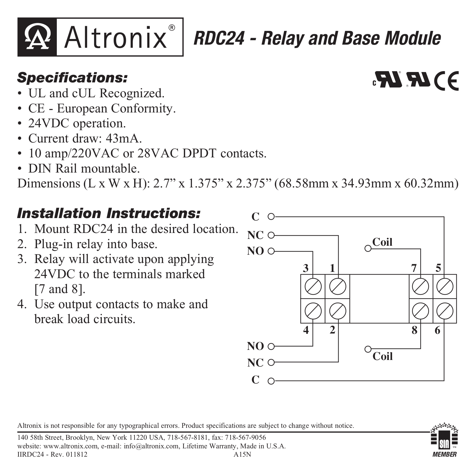 Altronix RDC24 Installation Manual