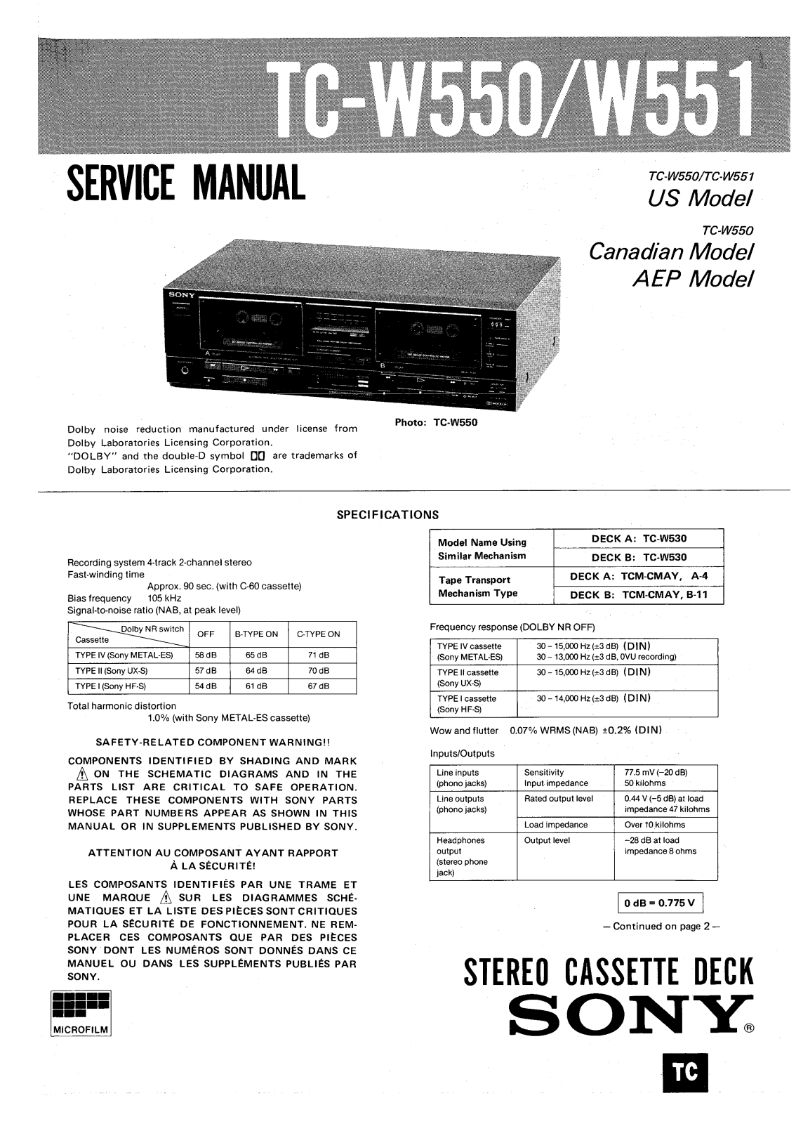 Sony TC-W551 Service Manual