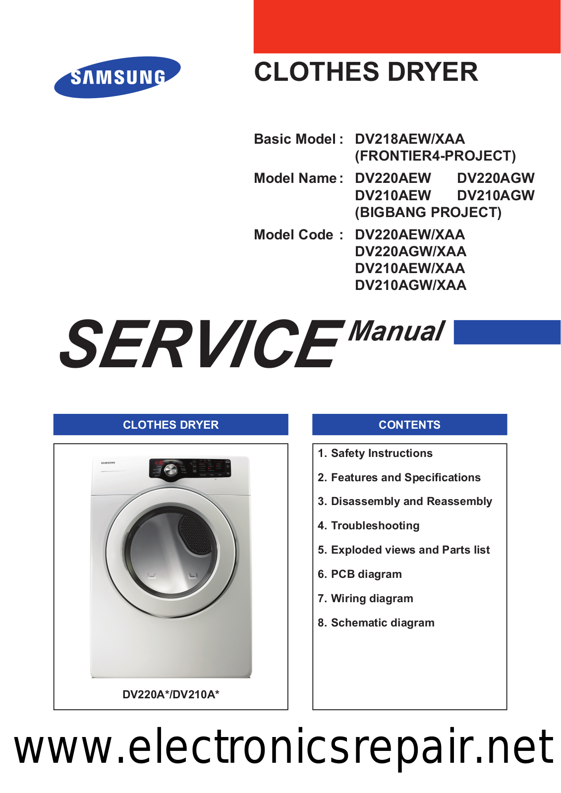 Samsung DV220AEW, DV210AEW, DV220AGW, DV210AGW Service Manual