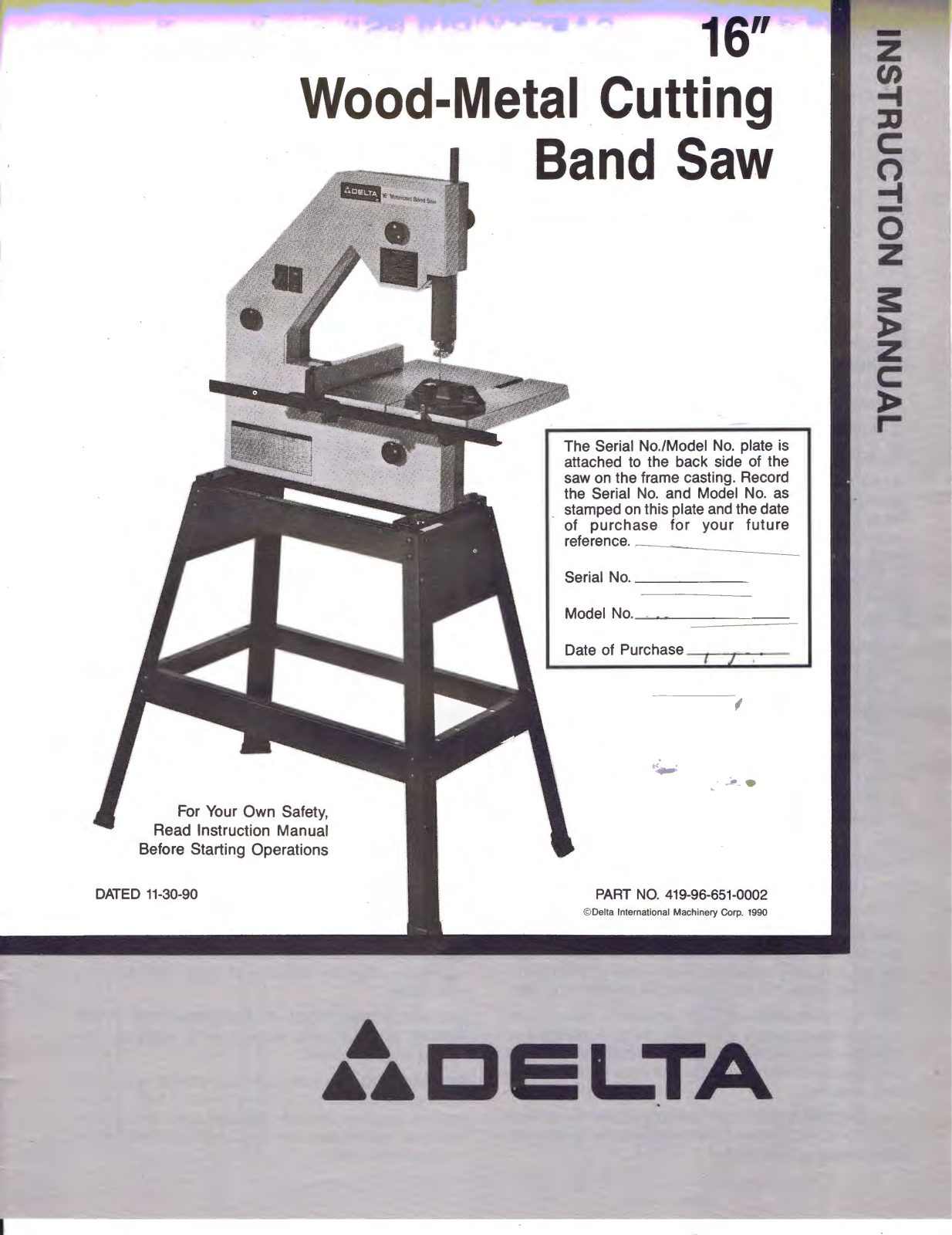 Delta Wood-Metal Cutting Band Saw Instruction Manual