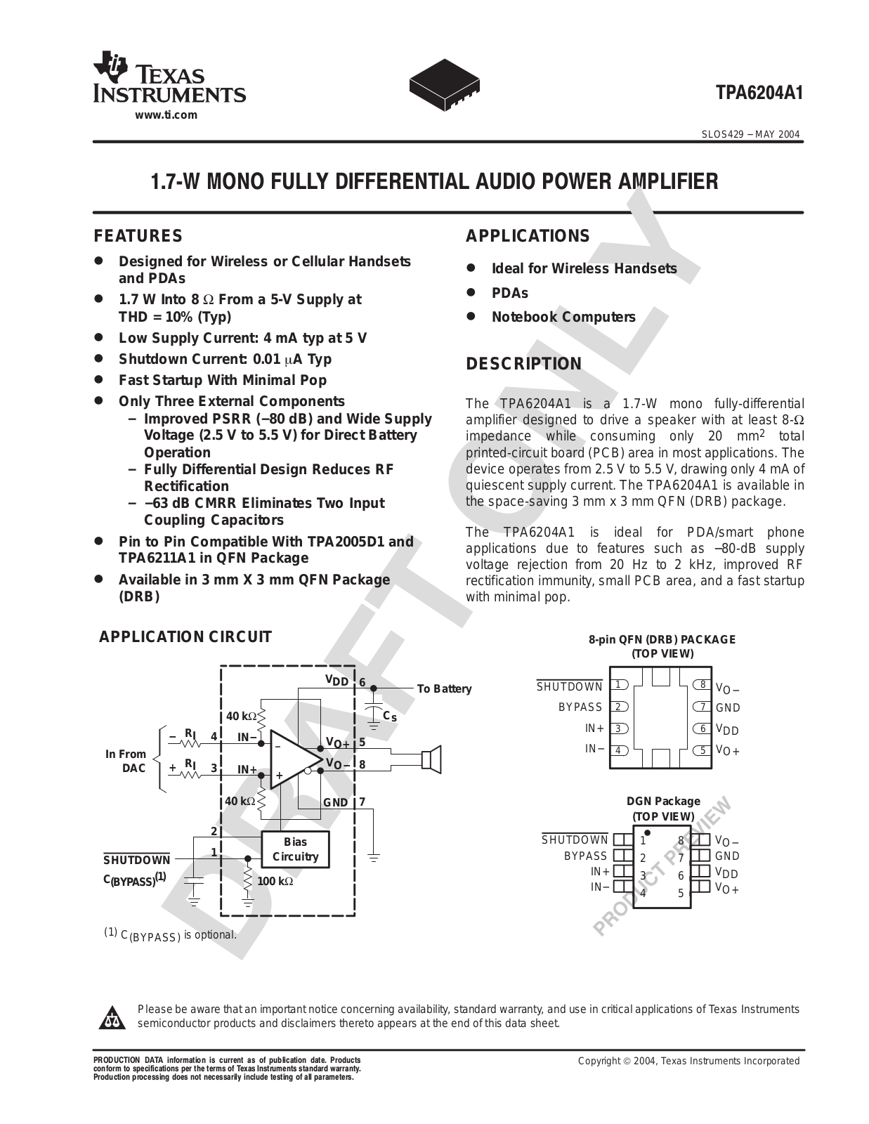 TEXAS INSTRUMENTS TPA620A1 Technical data