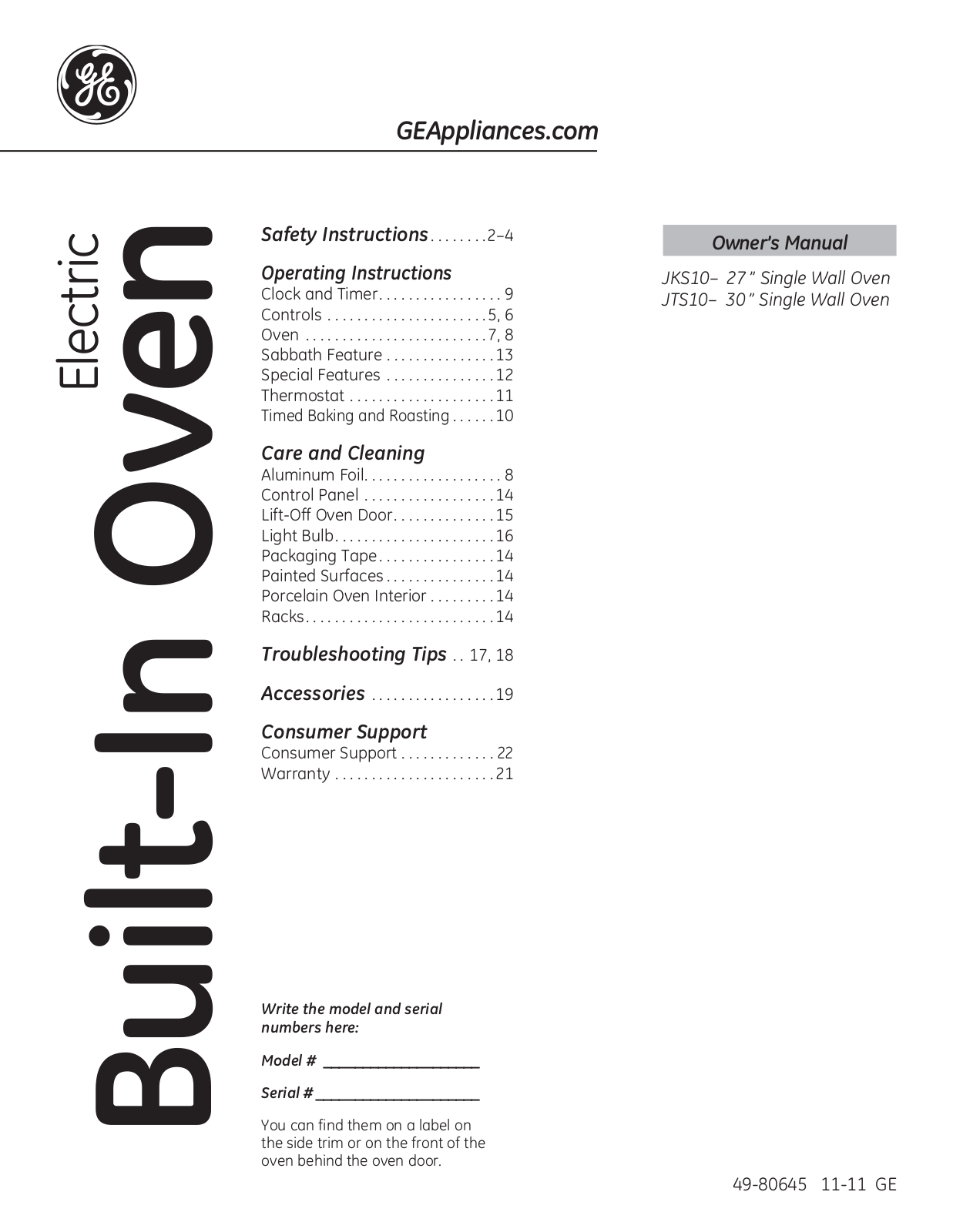 GE JTS10DPBB, JKS10SPSS Use & Care Guide