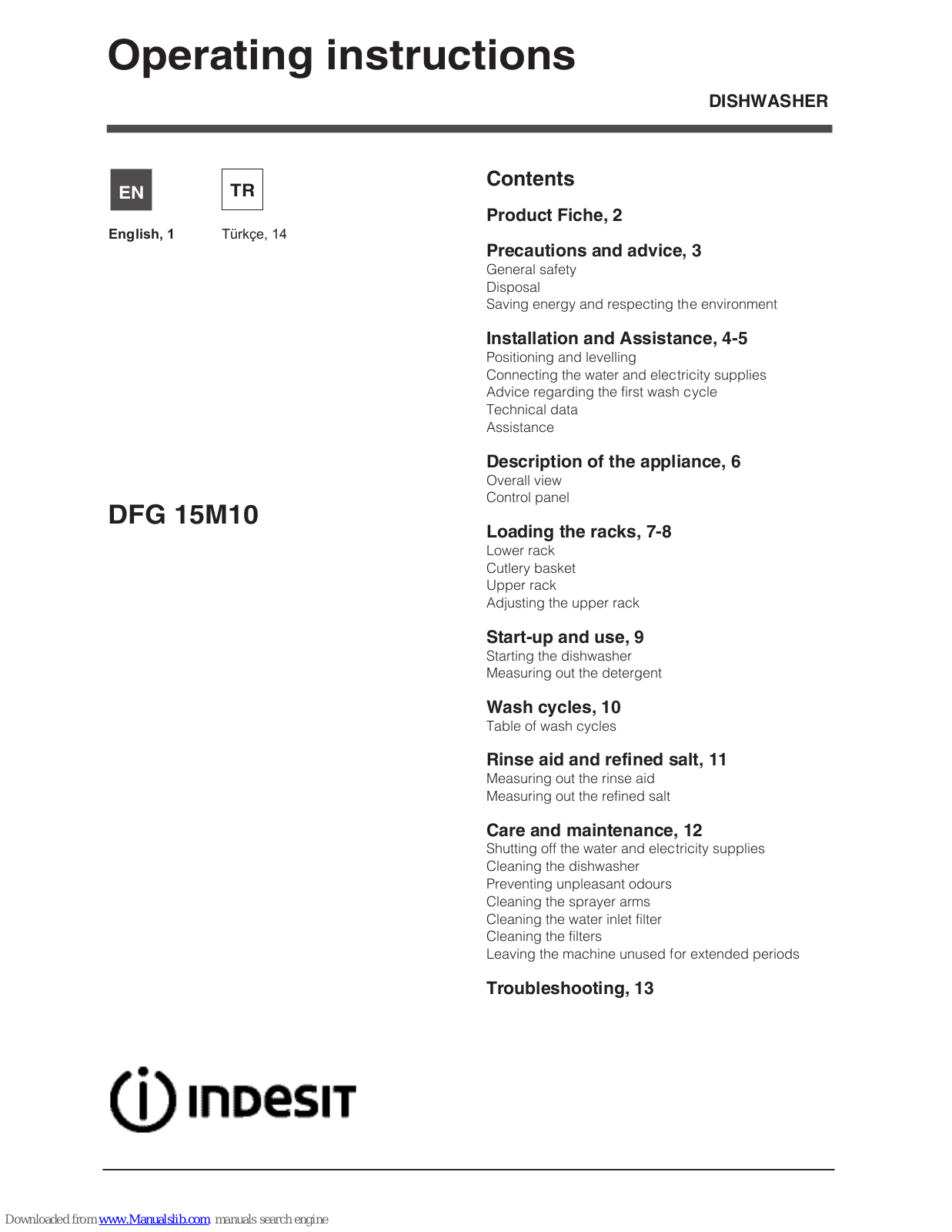 Indesit DFG 15M10 Operating Instructions Manual