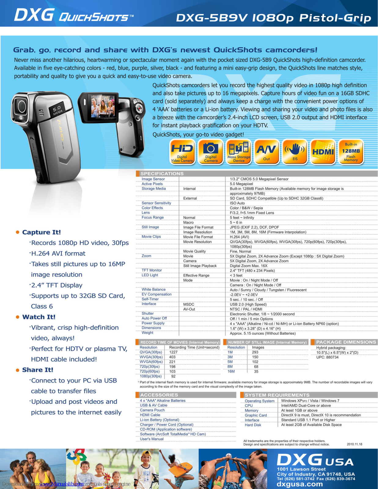 DXG DXG-5B9V, QuickShots DXG-5B9V Specifications - ManualMachine.com