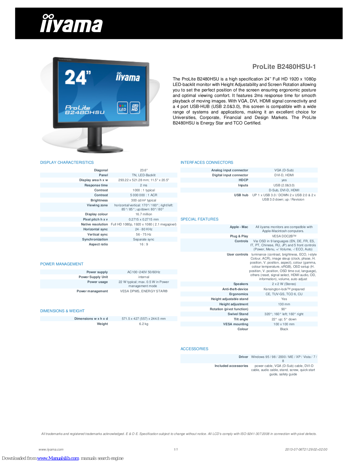 Iiyama ProLite B2480HSU-1 Specification