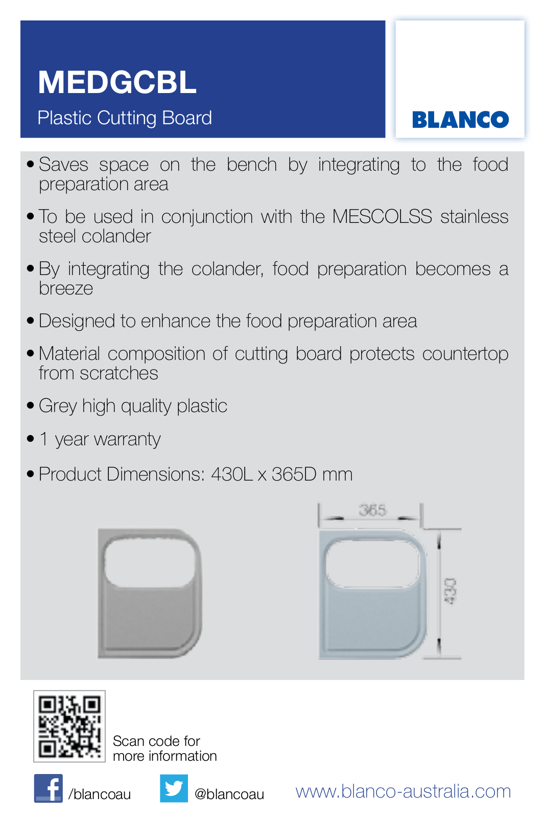 Blanco MEDGCBL Specifications Sheet