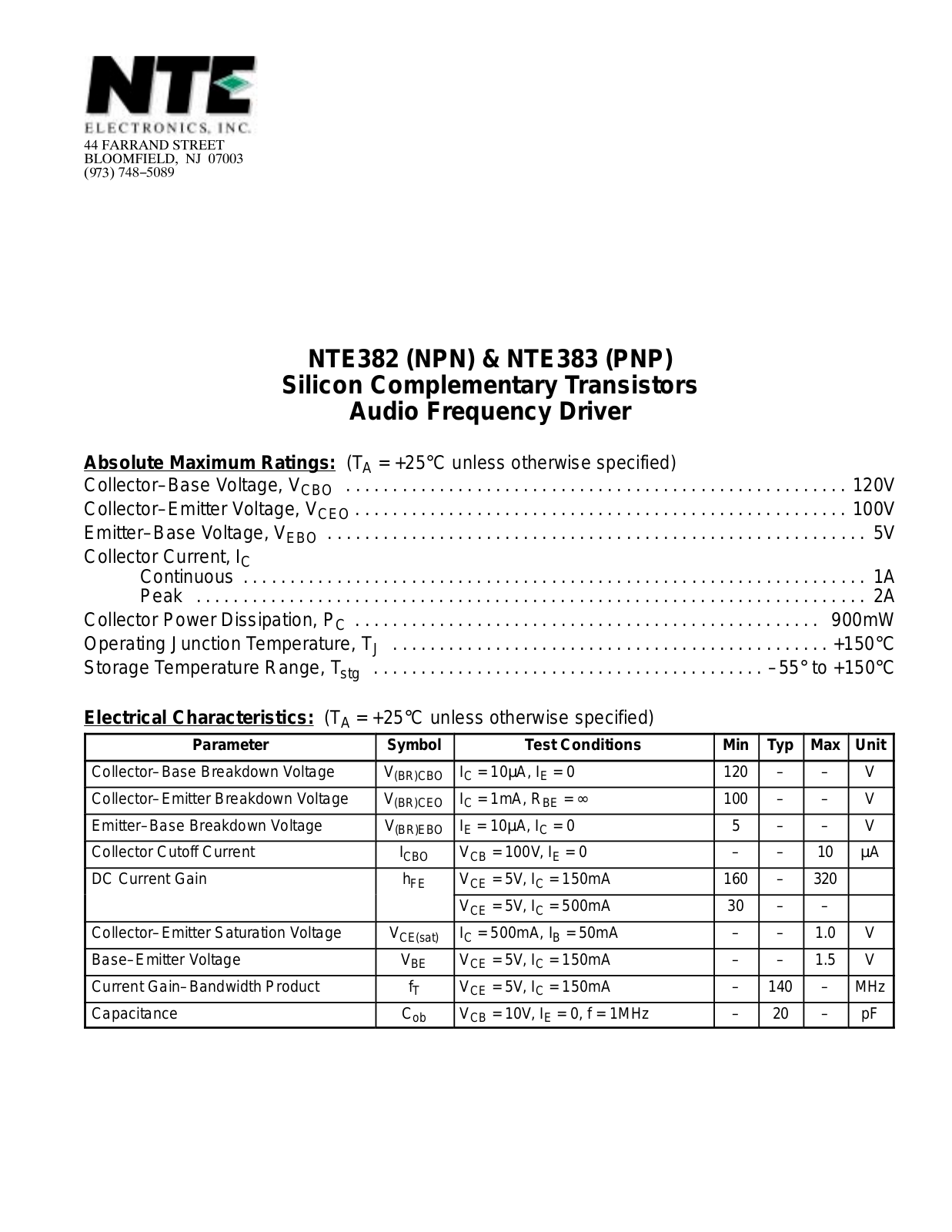 Datasheet NTE382, NTE383 Datasheet (NTE) - ManualMachine.com