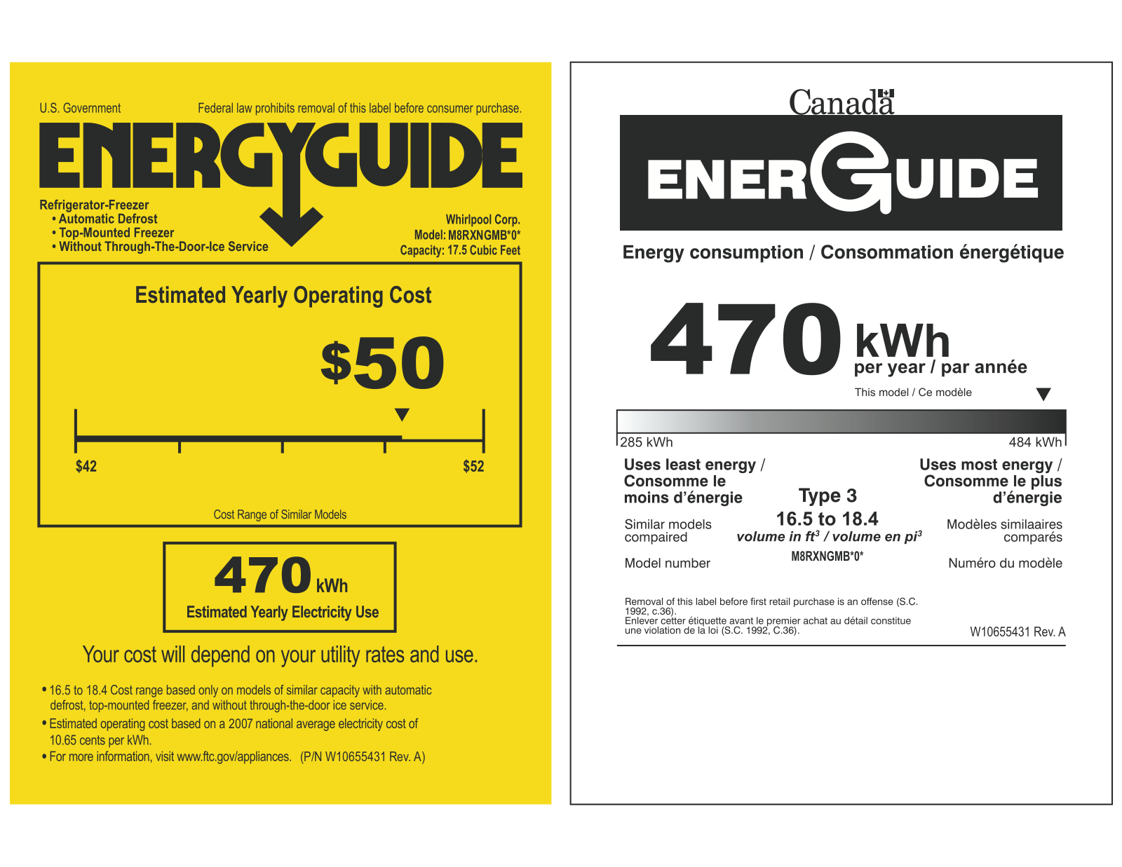 Whirlpool M8RXNGMBS Energy Guide