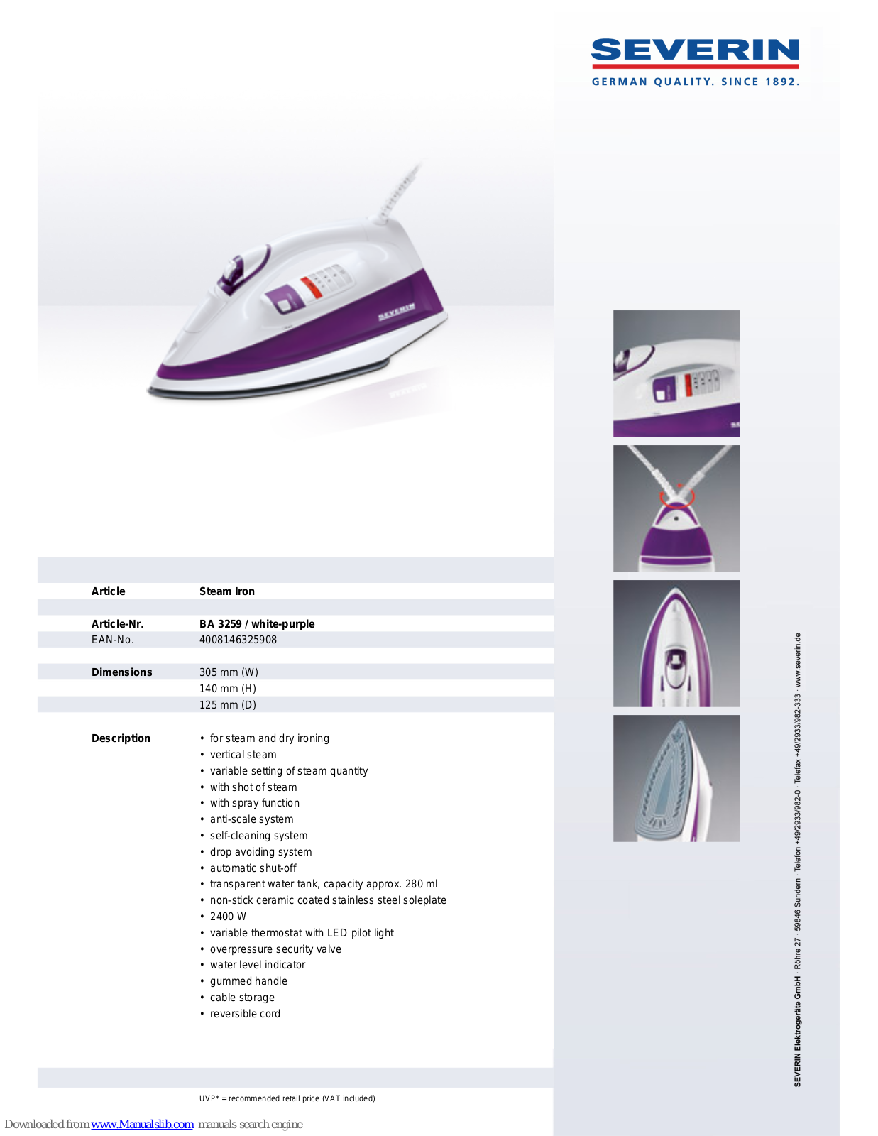 SEVERIN DAMPFBÜ, GELAUTOMAT BA 3259, BA 3259 Datasheet