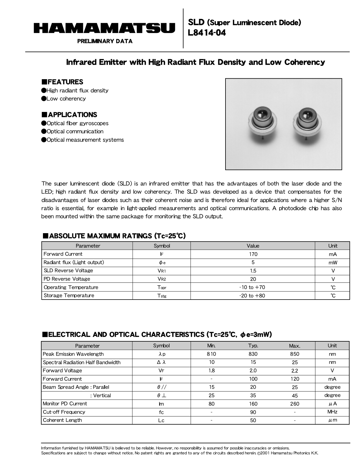 HAMAMATSU L8414-04 Datasheet