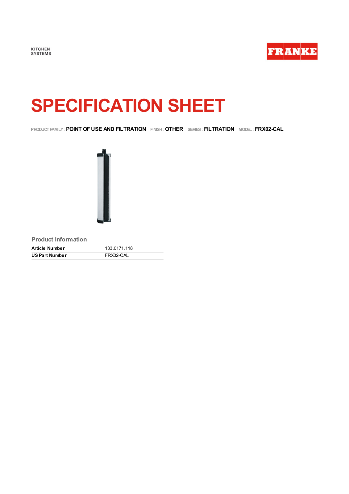 Franke Foodservice FRX02-CAL User Manual