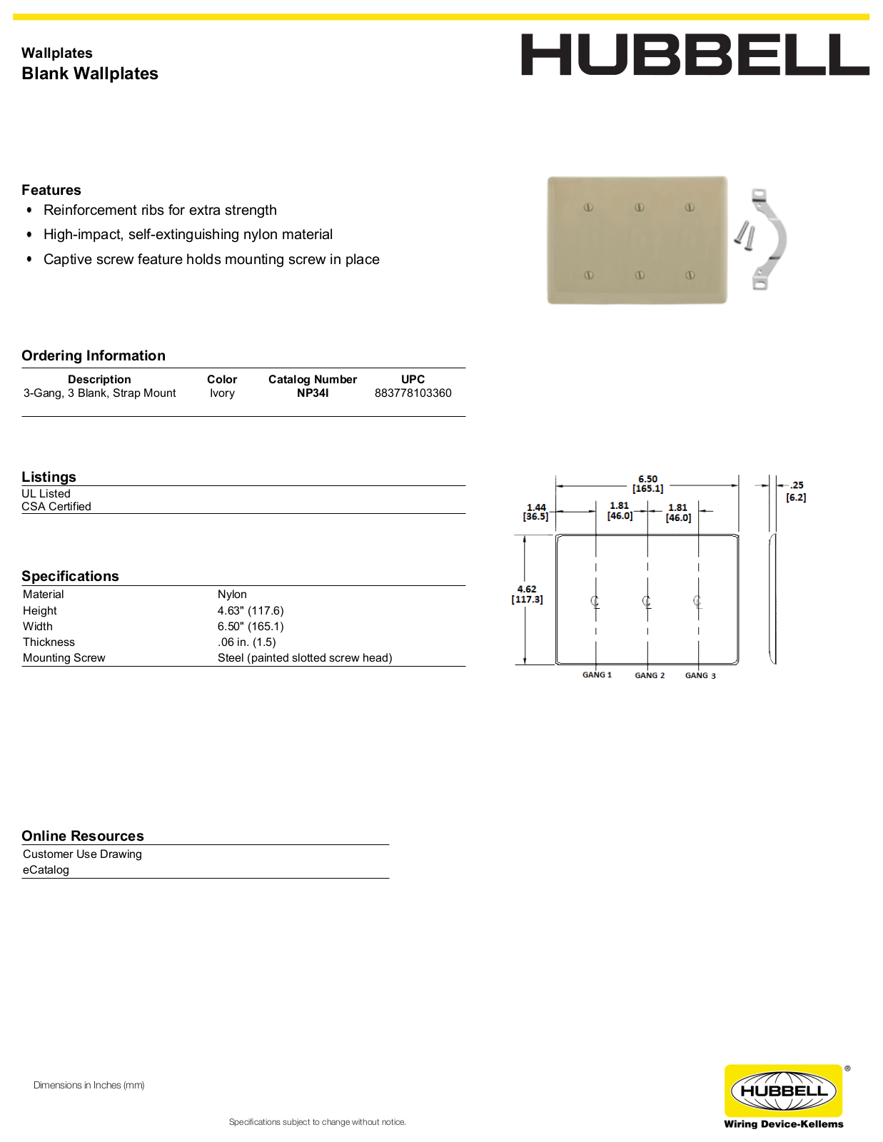 Hubbell NP34I Specifications