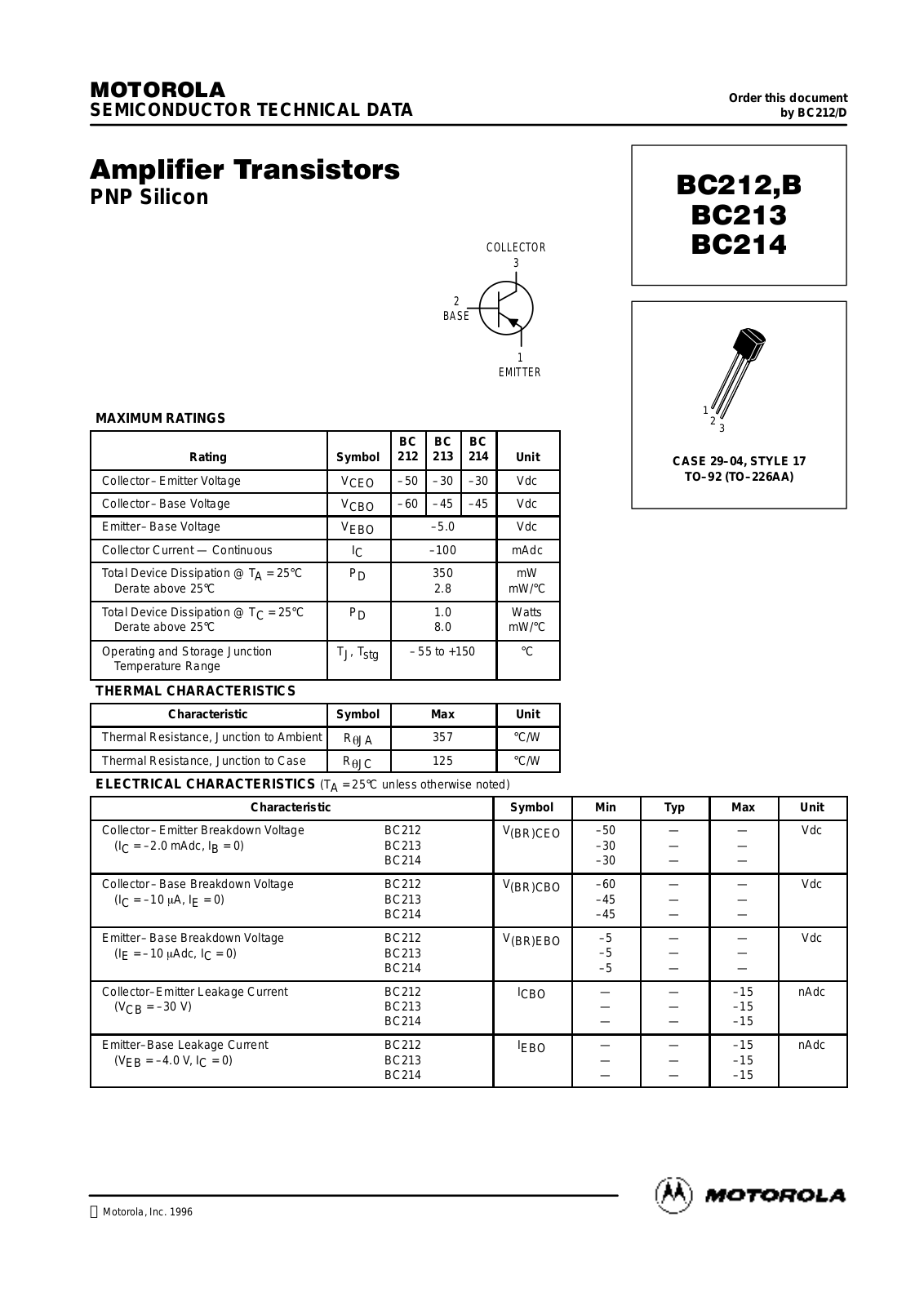 ON Semiconductor BC213, BC212BZL1, BC212BRL1, BC212B, BC212 Datasheet