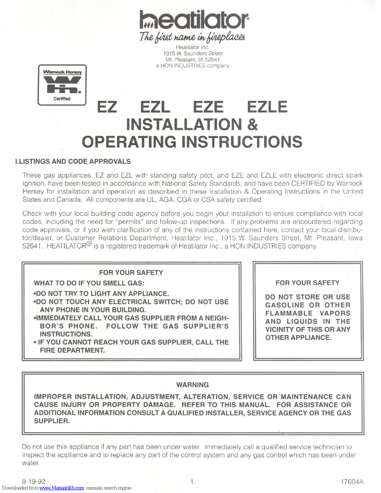 Heatilator EZ, EZE, EZLE, EZL Installation & Operating Instructions Manual