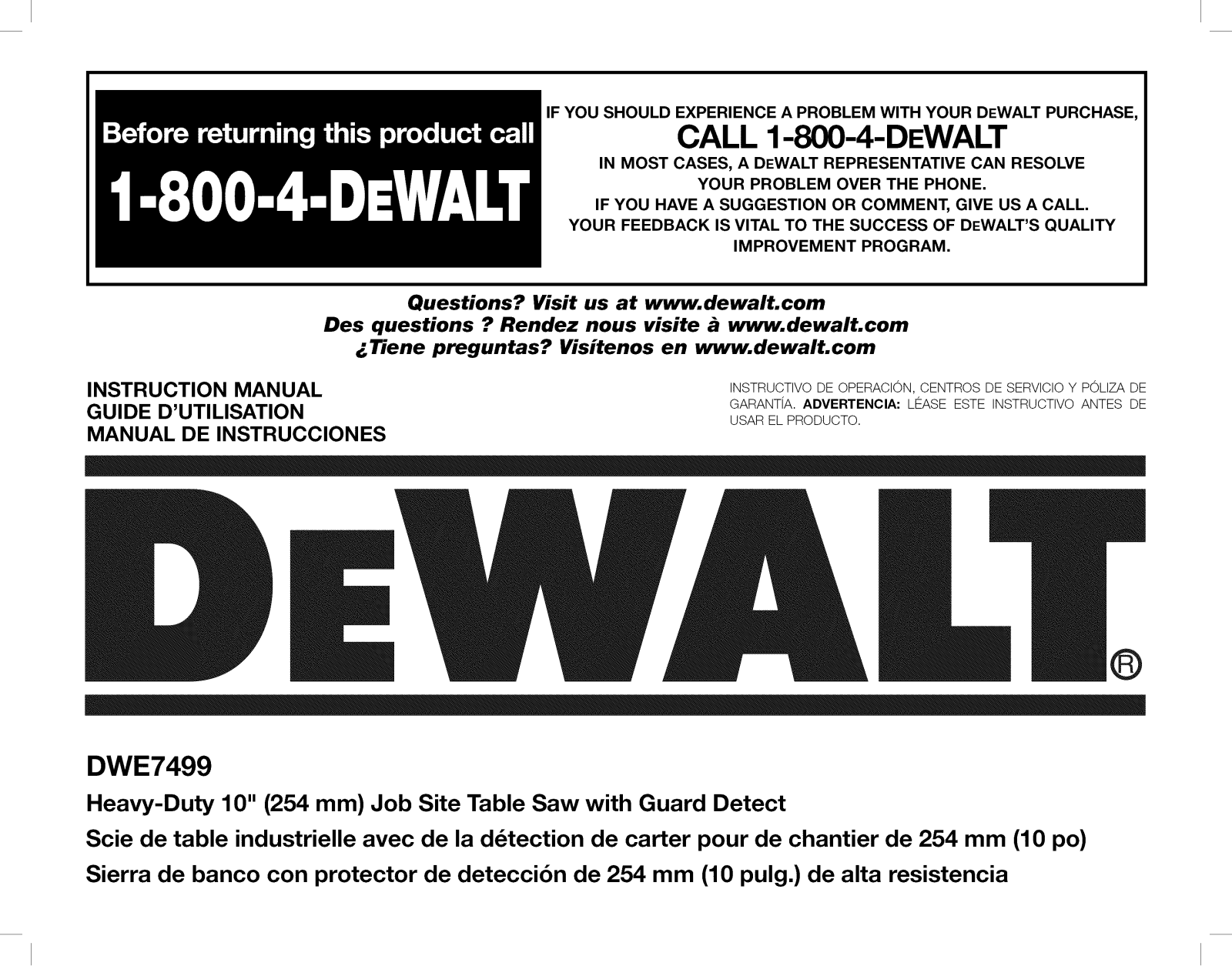 DeWalt DWE7499GD TYPE 2, DWE7499GD TYPE 1 Owner’s Manual