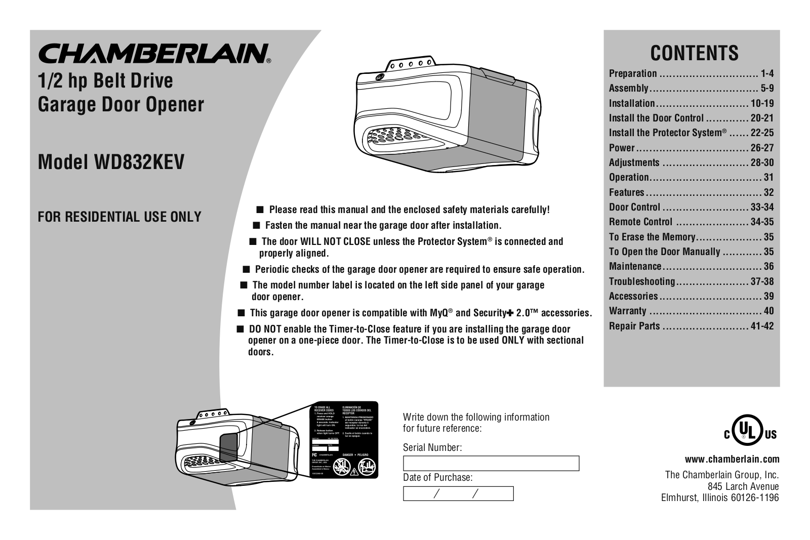 Chamberlain WD832KEV Owner's Manual