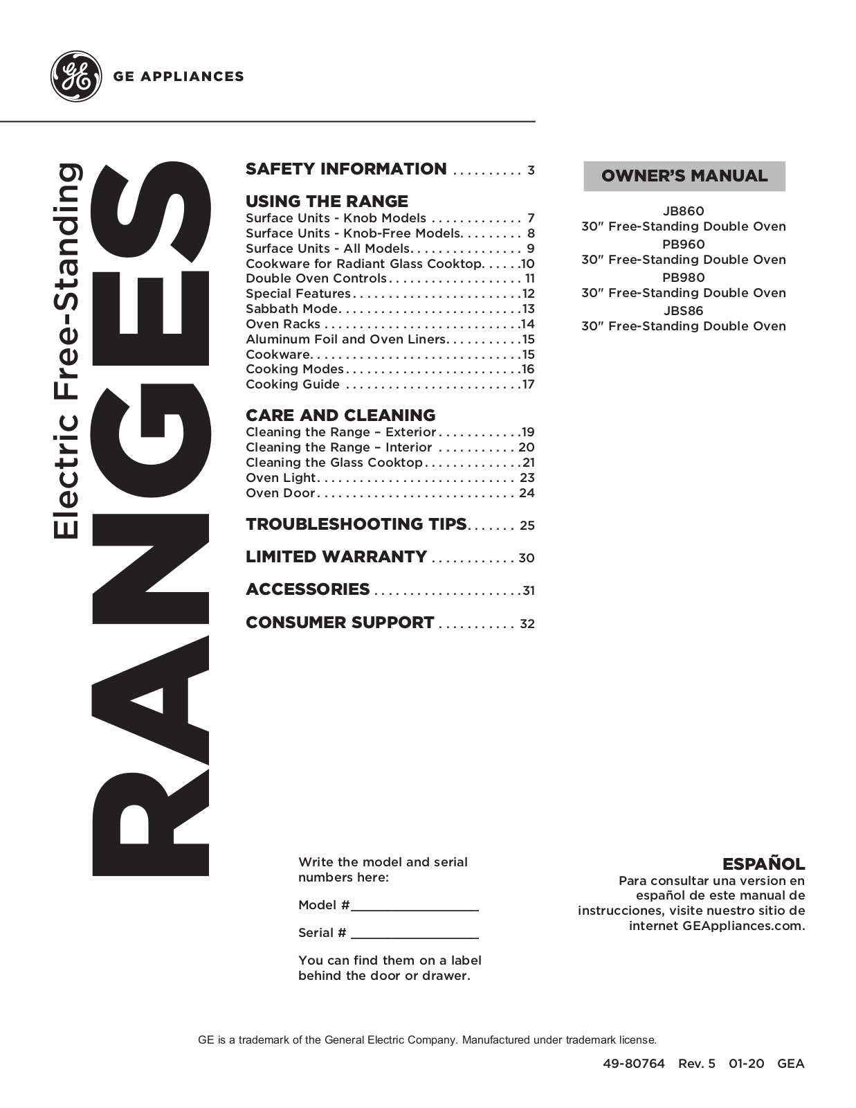 GE PB980SJ7SS, PB980SJ6SS, PB980SJ5SS, PB980SJ4SS, PB980SJ3SS Owner’s Manual