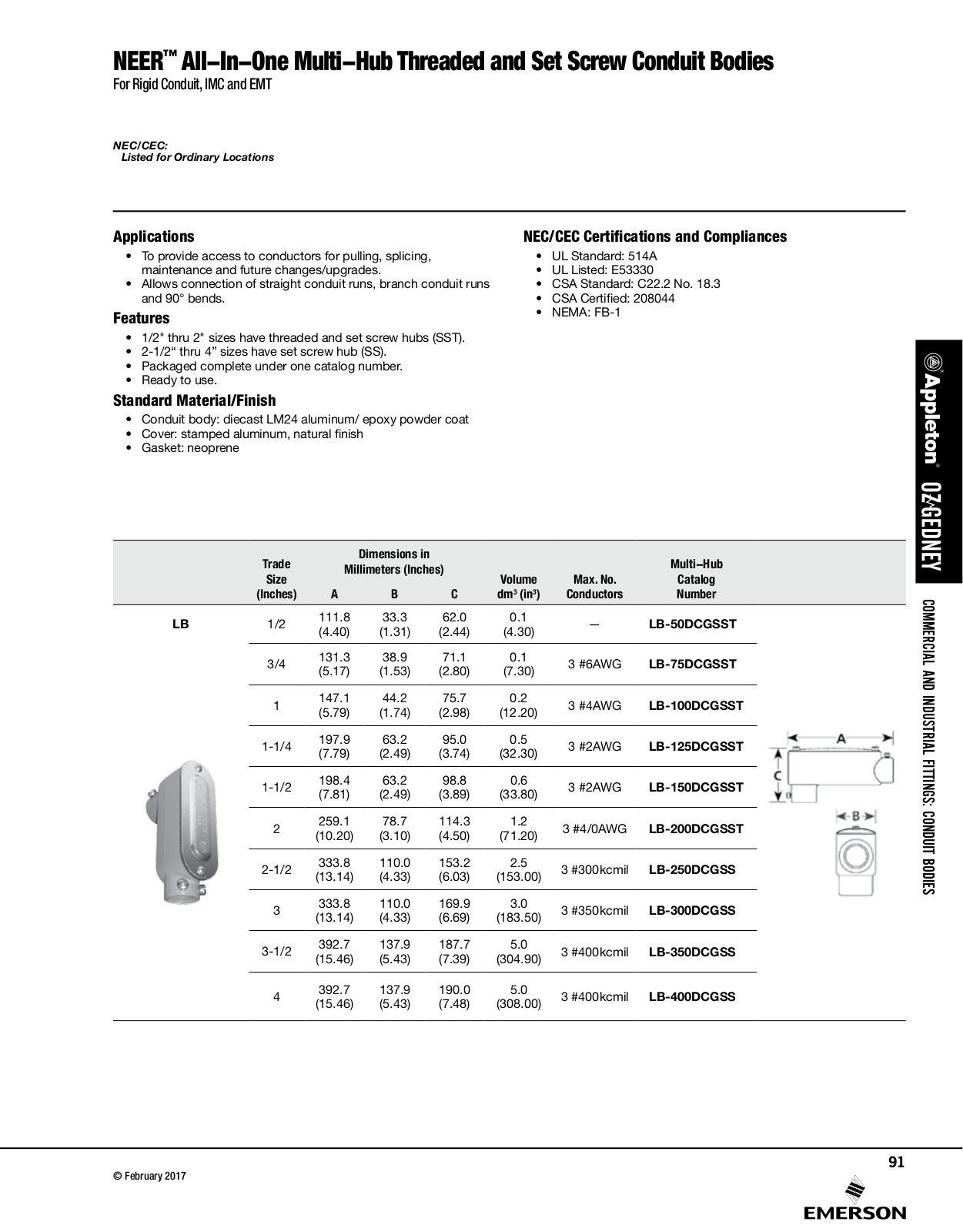 Appleton NEER™ All-In-One Multi-Hub Threaded and Set Screw Conduit Bodies Catalog Page