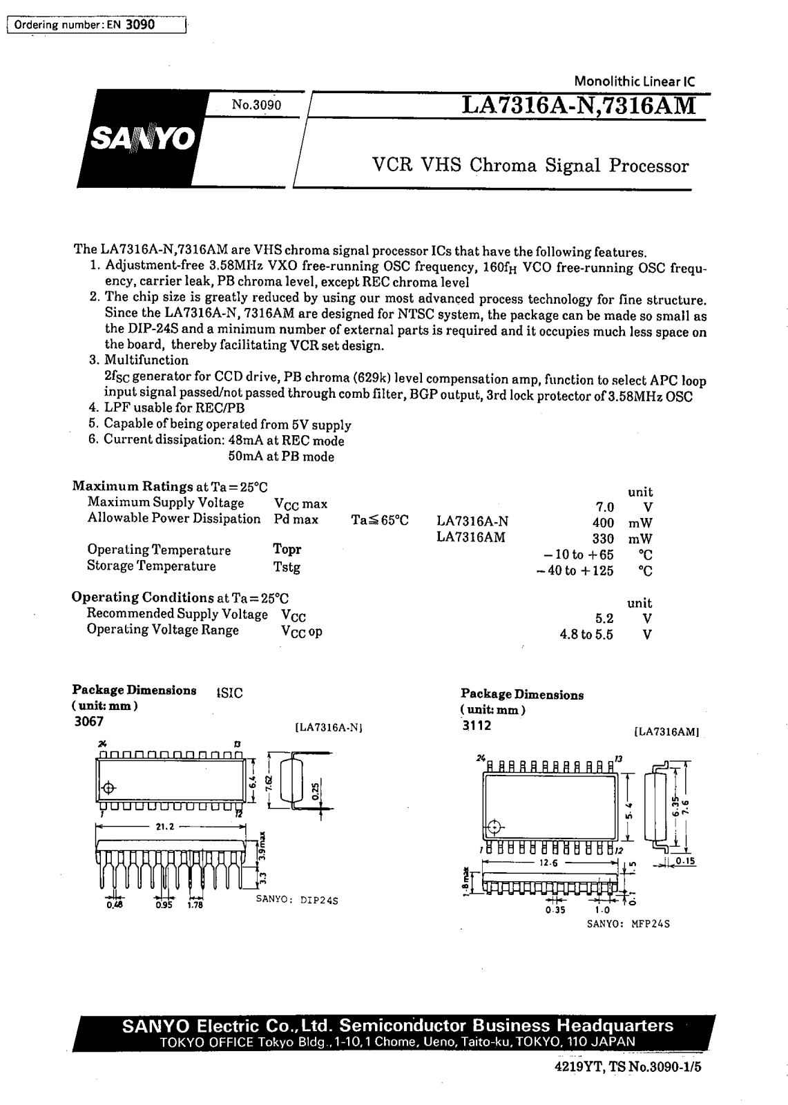 SANYO LA7316AM, LA7316A-N Datasheet