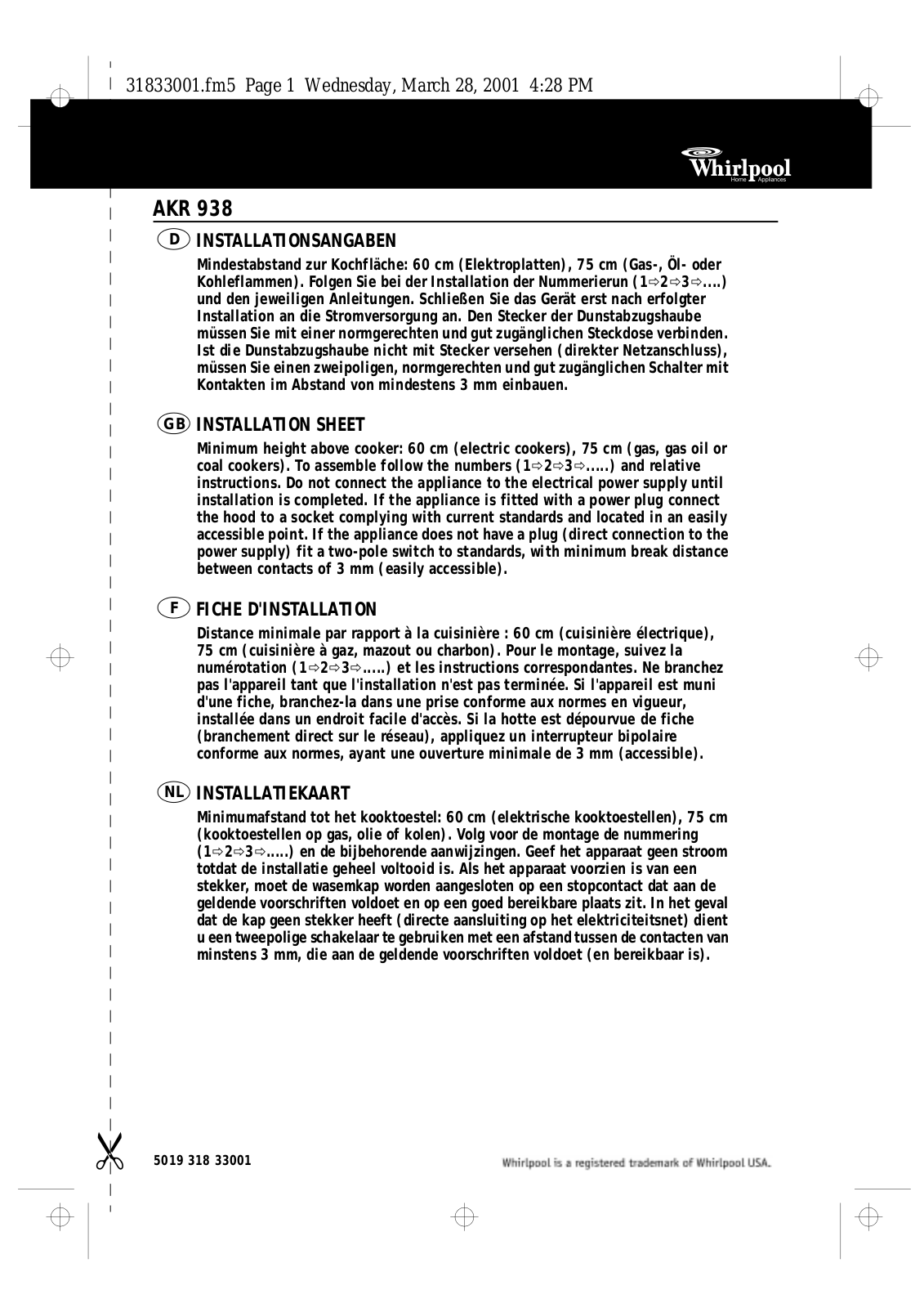 Whirlpool AKR 938 INSTALLATION INSTRUCTIONS