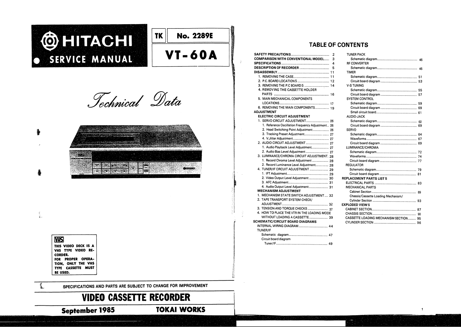 Hitachi VCR VT60A Schematic