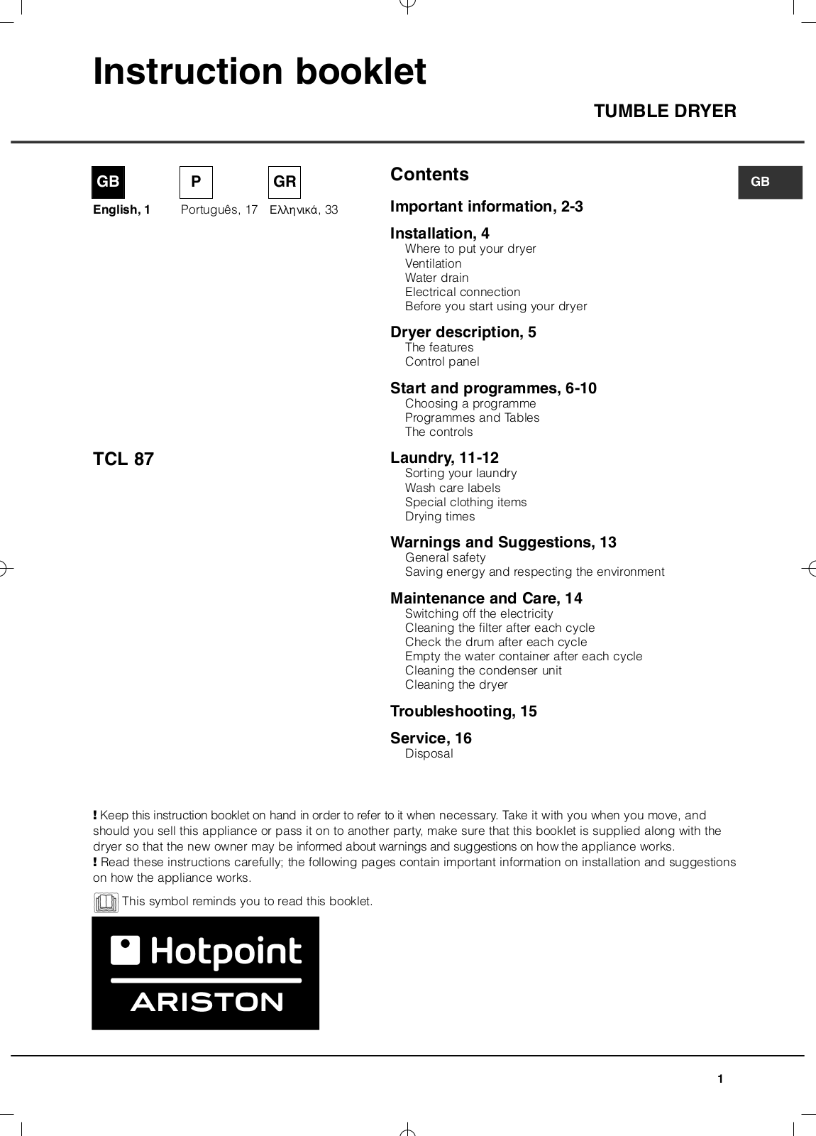 Hotpoint TCL 87B P User Manual