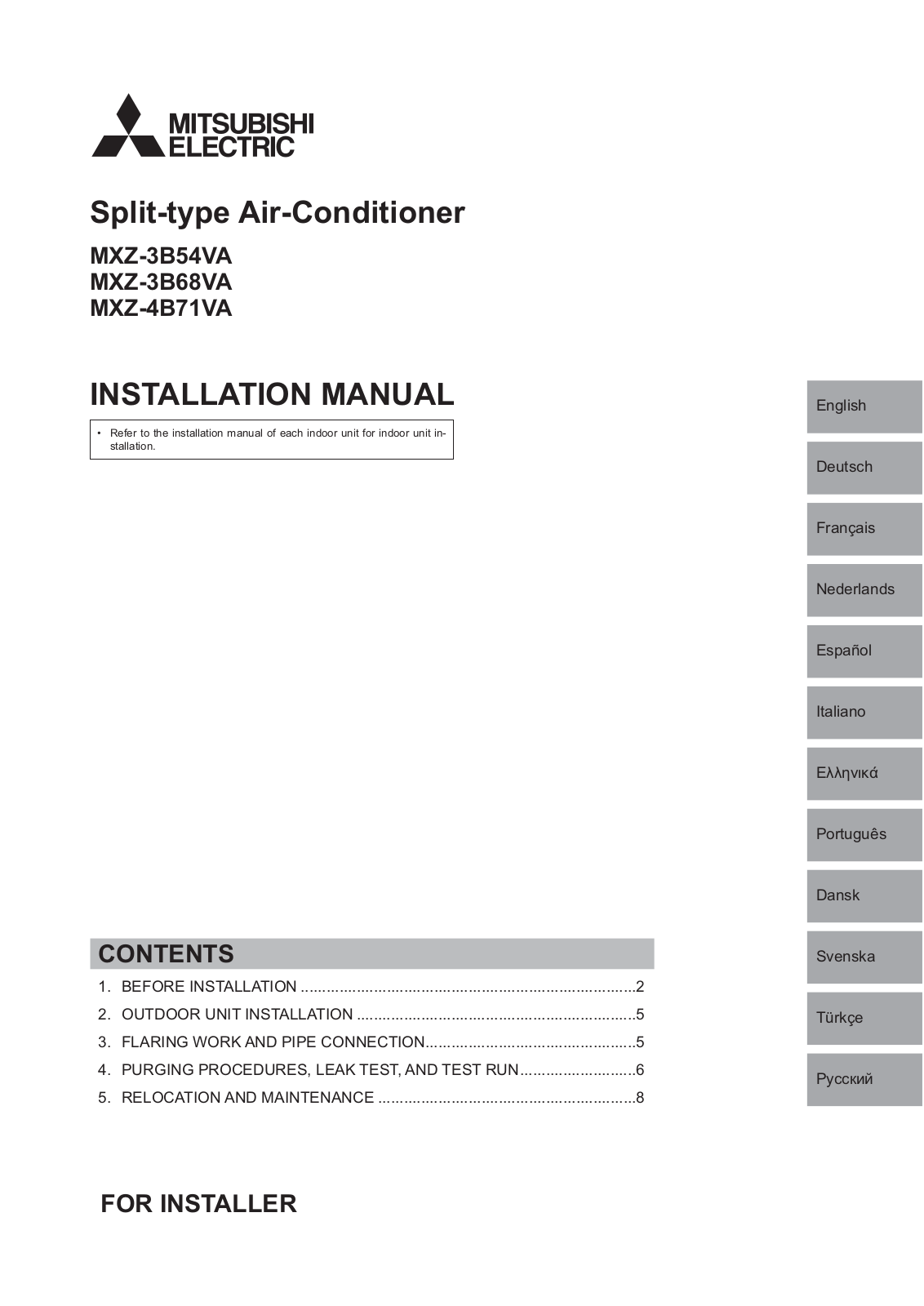 Mitsubishi MXZ-3B54VA, MXZ-3B68VA, MXZ-4B71VA Installation Manual