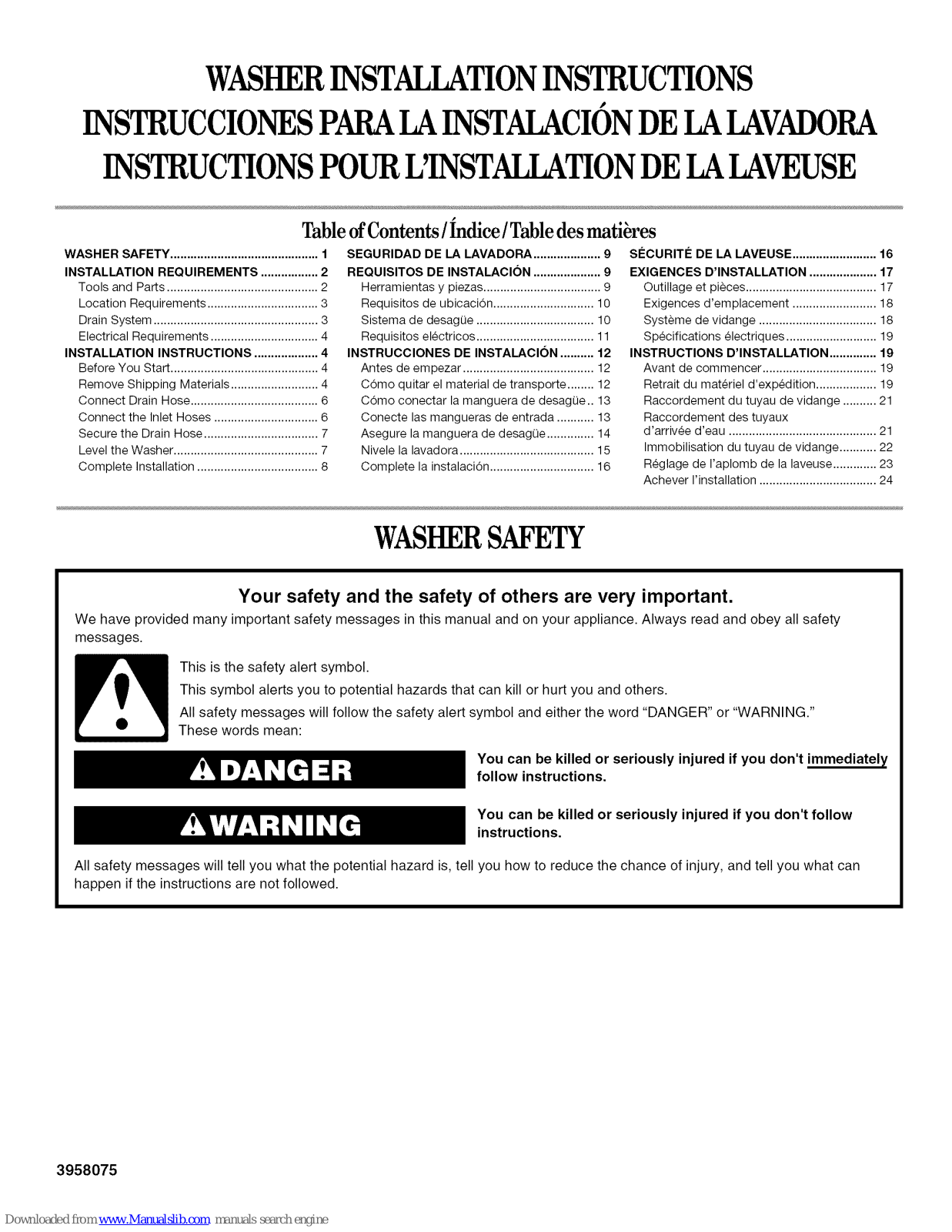 Crosley CAWS833RT1, CAWS833RQ1, CAWB527RQ1, TAWB600PQ2, IP42003 Installation Instructions Manual - ManualMachine.com