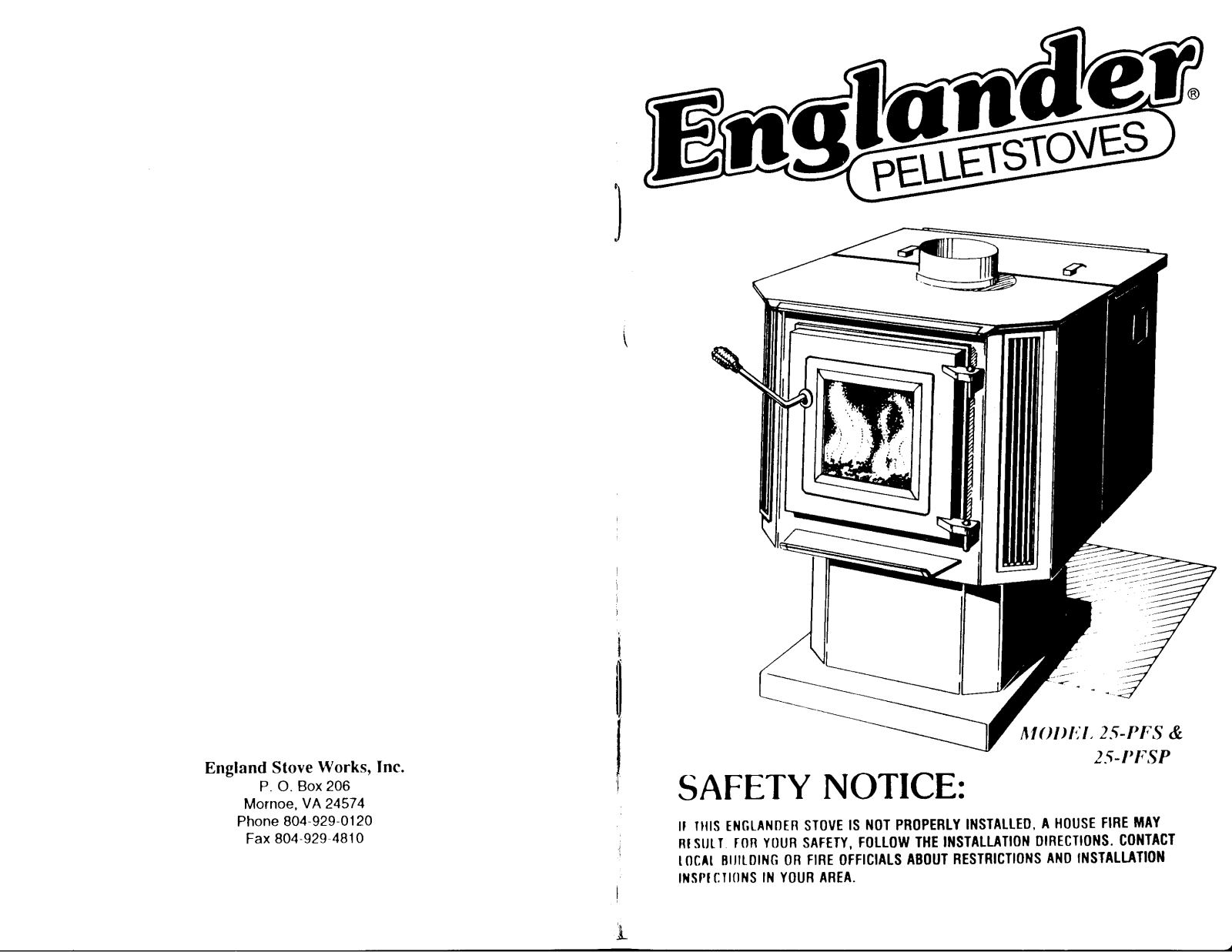 England's Stove Works 25-PFS, 25-PFSP Owner's Manual