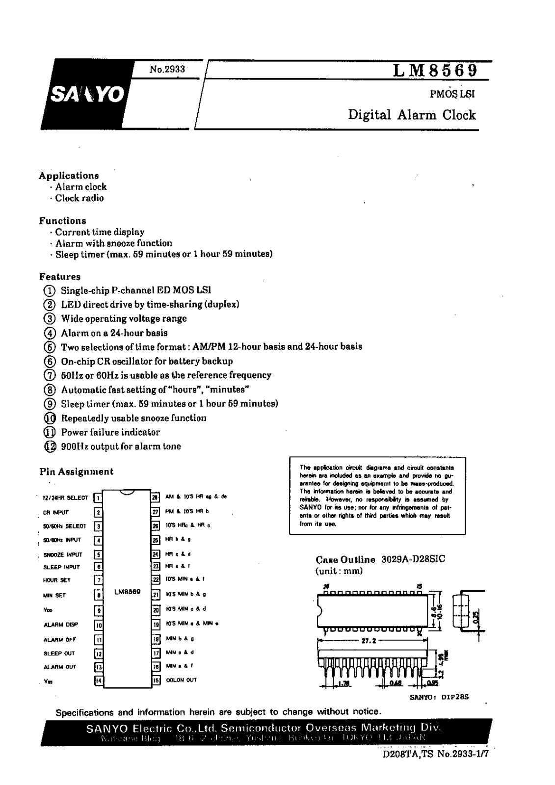 Sanyo LM8569 Specifications