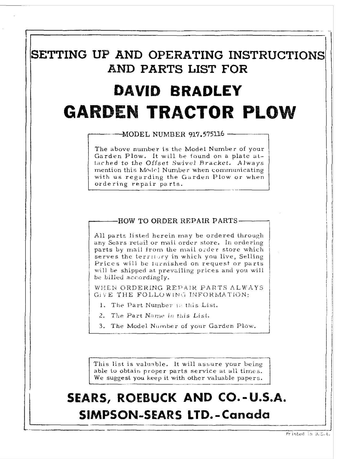 David Bradley 917.575116 Operating instructions