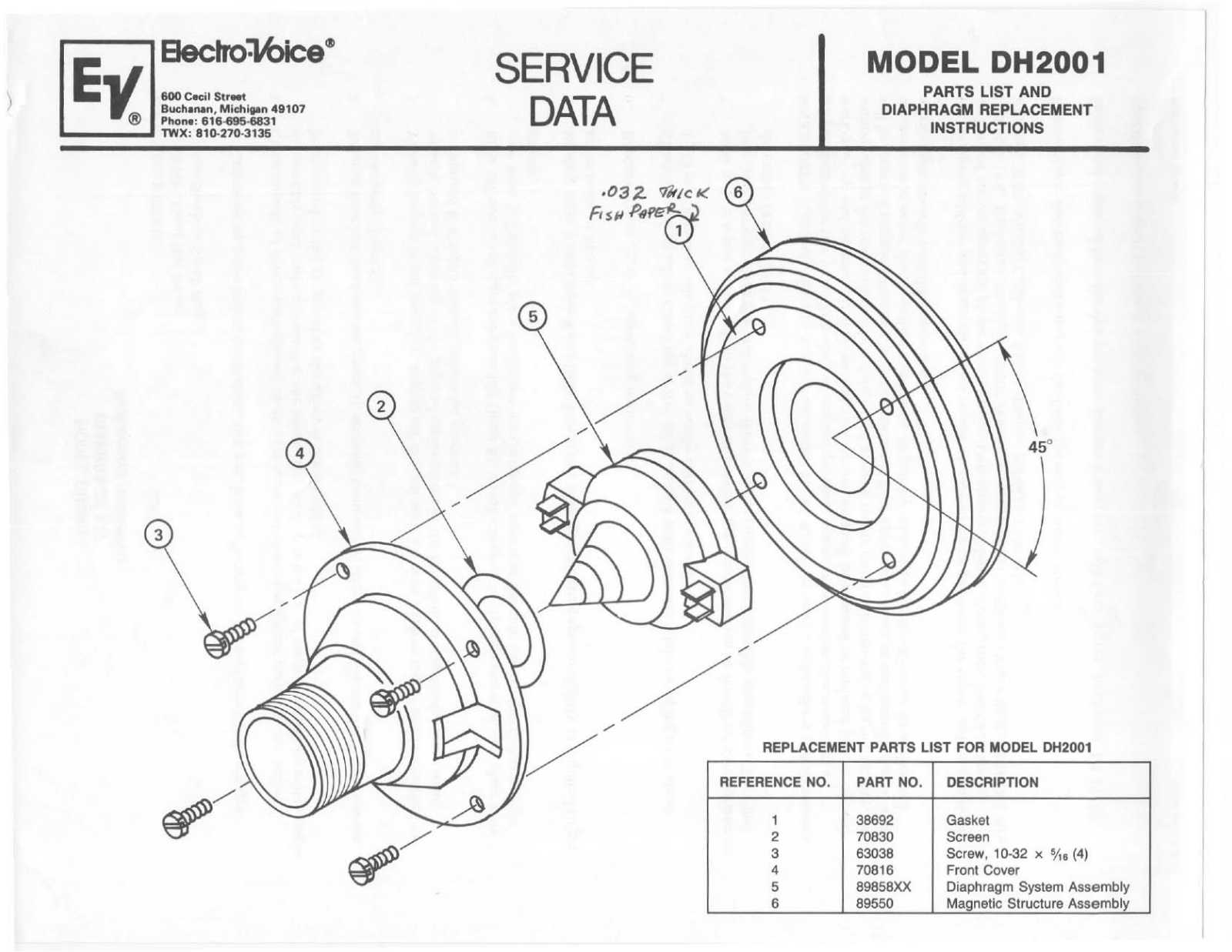 Electro-voice DH2001 SERVICE DATA