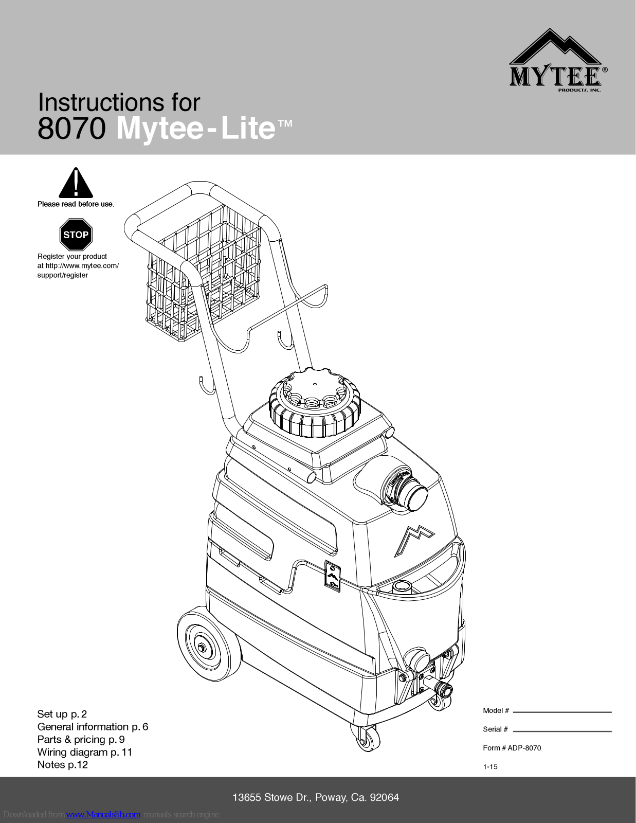 Mytee 8070 Mytee-Lite Instructions Manual