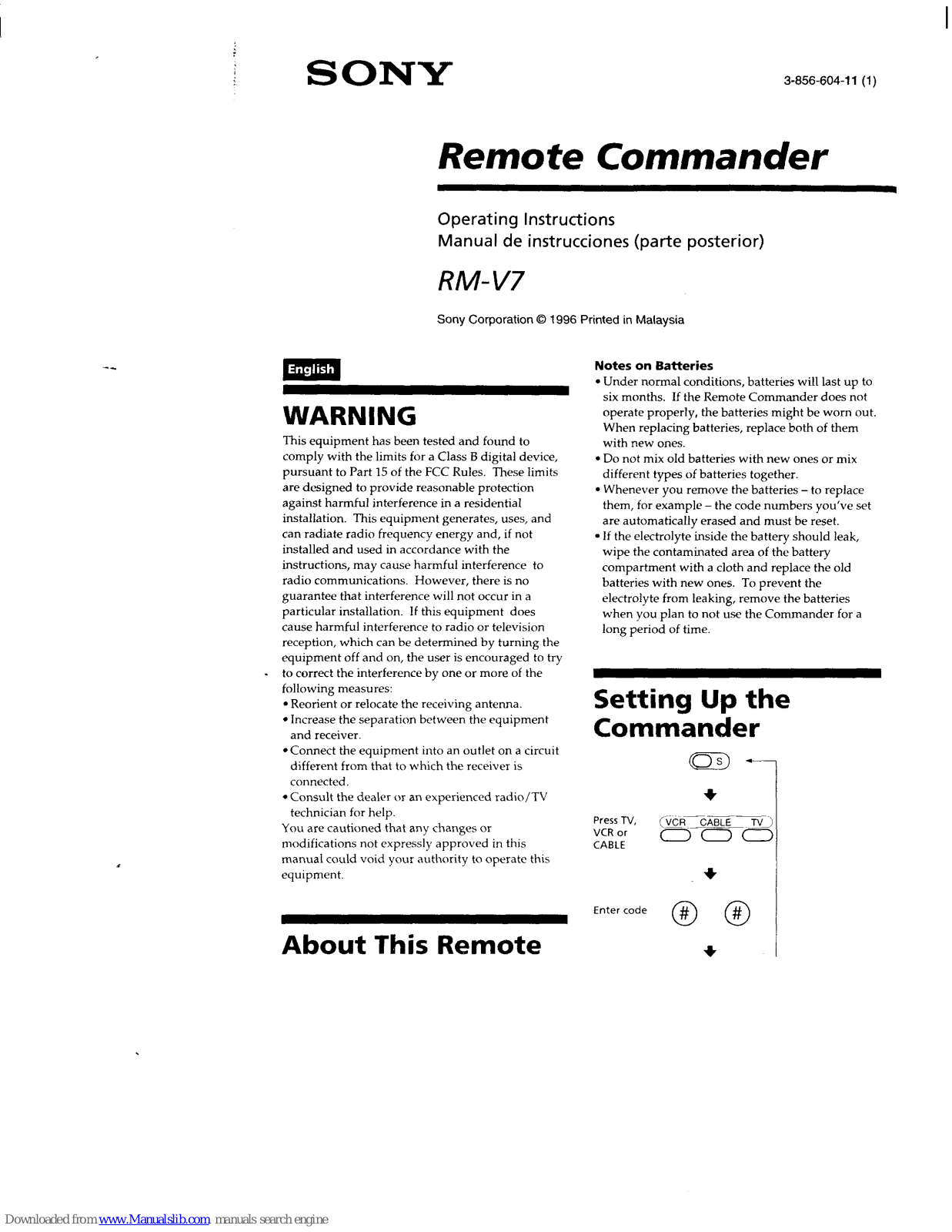 Sony Remote Commander RM-V7 Operating Instructions Manual