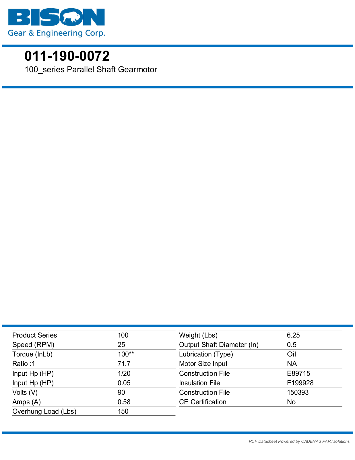 Bison Gear & Engineering 011-190-0072 Data Sheet